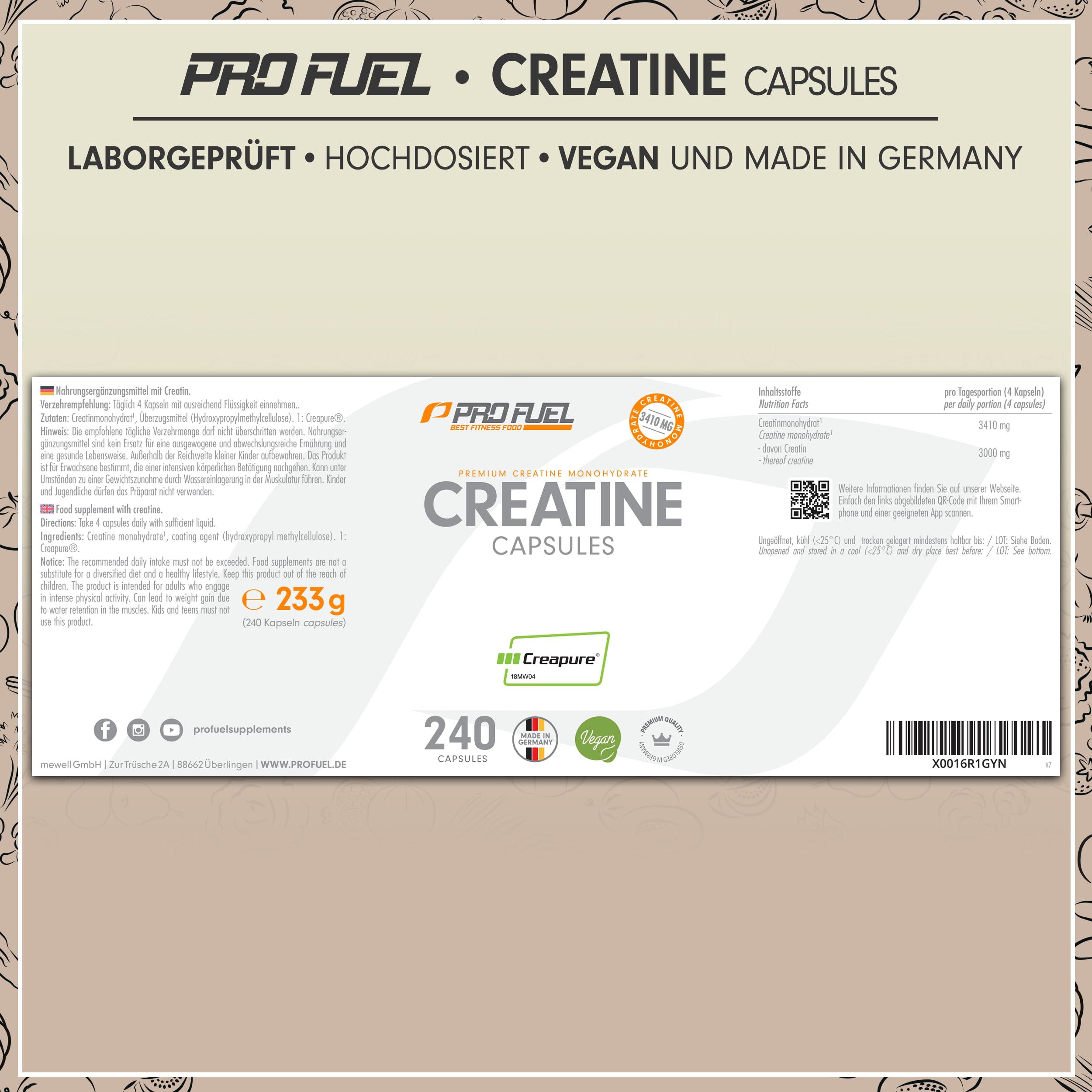 Creatin Kapseln 240x mit 850mg Creapure® Kreatin Monohydrat - hochwertiges Creatine Made in Germany - optimal hochdosiert mit 3000 mg reinem Creatin pro Tag - laborgeprüft mit Zertifikat - 100% vegan