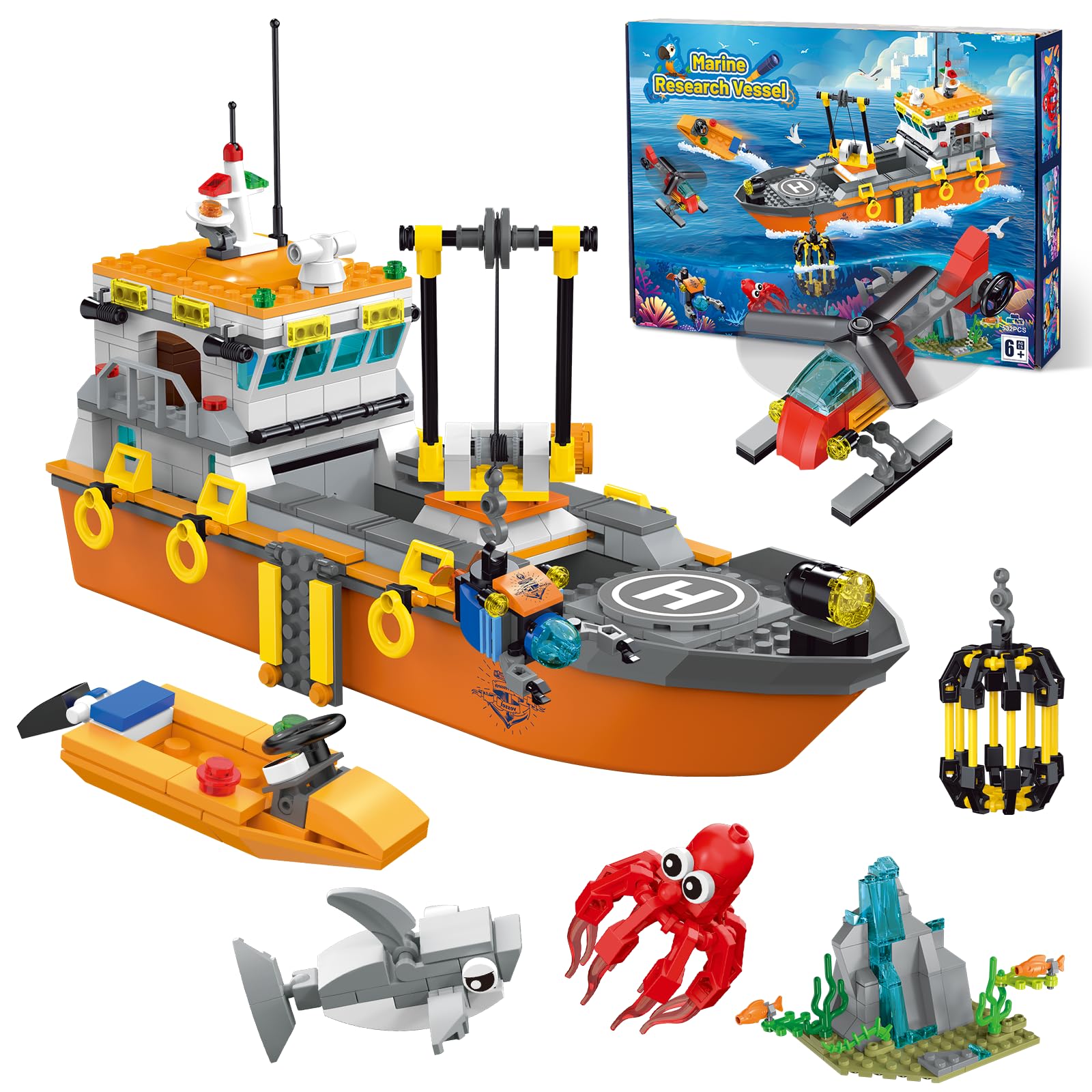 Set Costruzioni City Ocean Explorer: Barca Con Luci LED, Elicottero, Sottomarino E Gabbia Per Squali – 532 Pezzi, Regalo Per Bambini 6-12 Anni