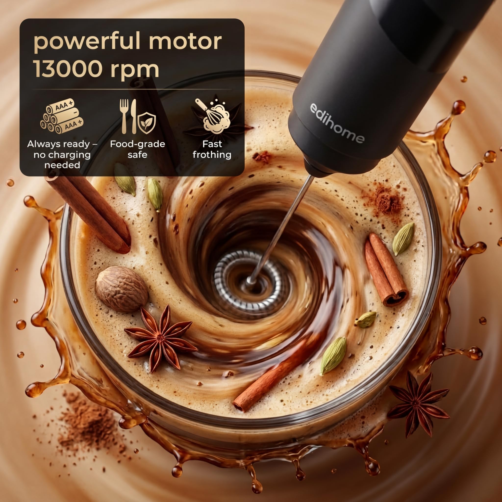 edihome, Espumador de Leche, Eléctrico, Milk Frother Portátil para Café, a Pilas, Batidor de Espuma para Cappuccino Latte, Matcha, Potente y Silencioso (Negro, A Pilas) - 4