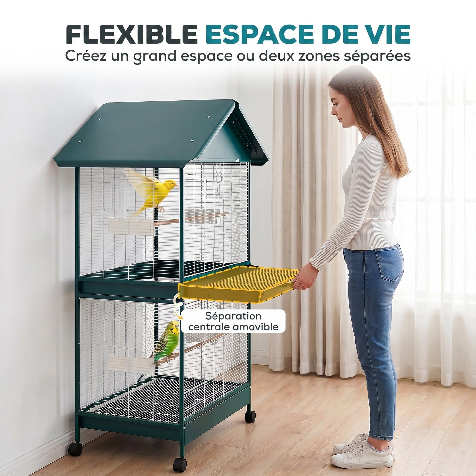 PawHut Grande Cage à Oiseaux Roulante, Volière Oiseaux Intérieur/Extérieur, Séparateur Amovible, 4 Mangeoires, 2 Perchoirs, 2 Plateaux, 94x70x158 cm