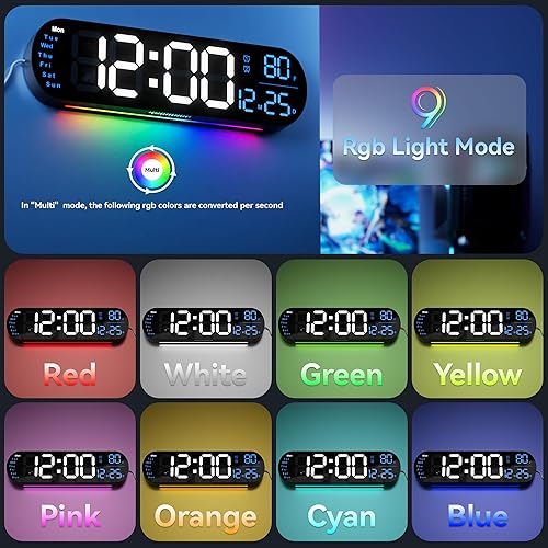 Miniatura 5 de Reloj de pared digital con pantalla grande, reloj de pared digital grande de 13.7 pulgadas con control remoto de cambio de color RGB, fecha semana