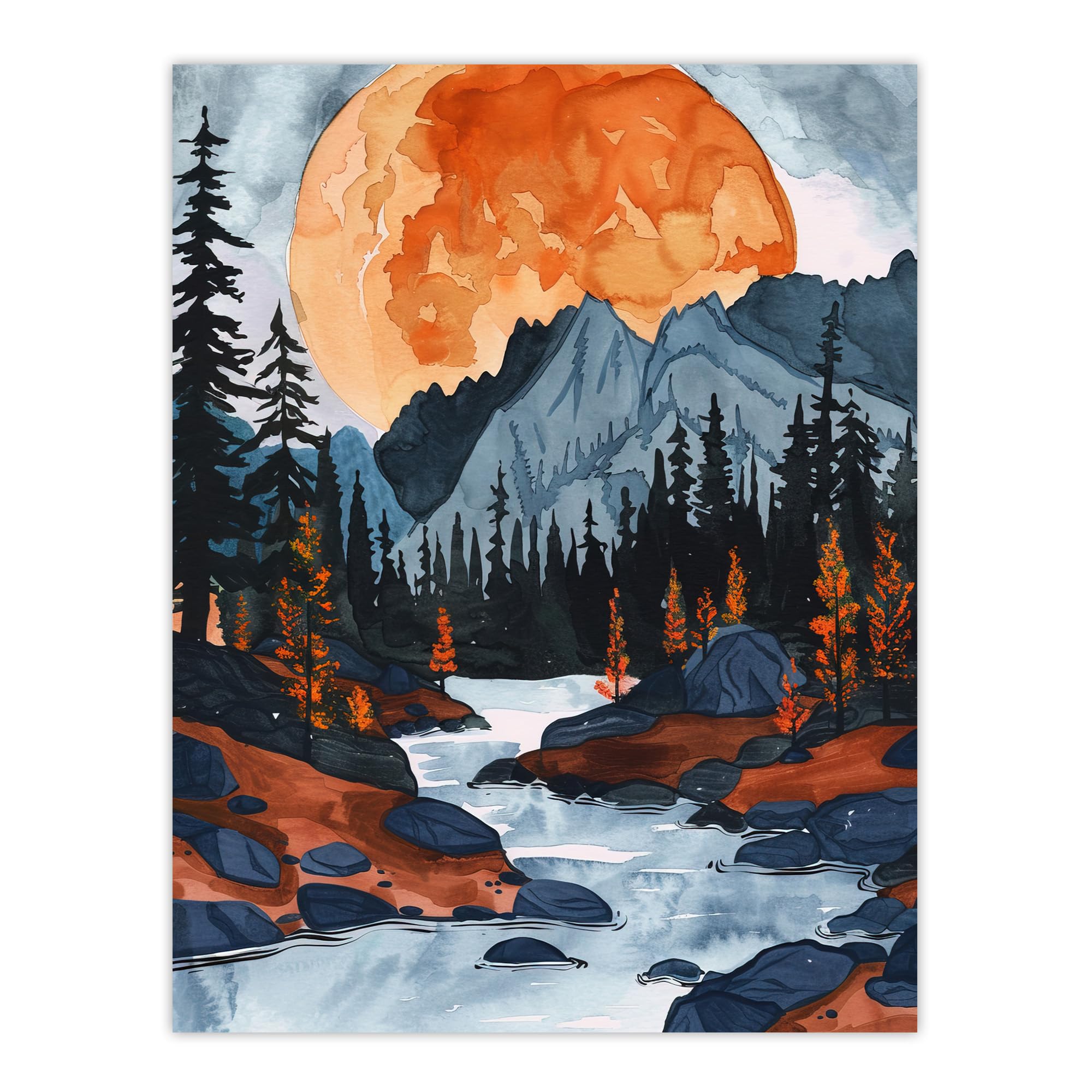 Artery8 Orange Harvest Moon Over Rocky Mountains Forest Living Room Extra Large XL Wall Art Poster Print