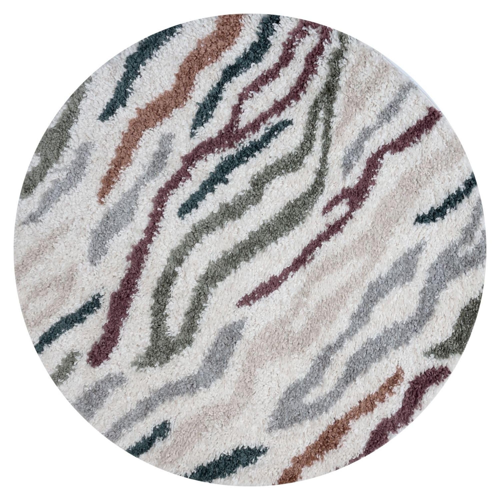 THE RUGS Soft Shaggy Area Rug – Modern Patterned Carpet for Living Room & Bedroom, Extra Plush, Easy to Clean, Zebra Pattern Design (120 cm Round, Multicolour)