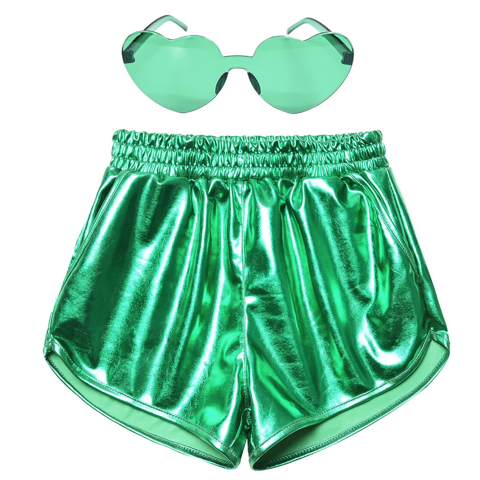 Mirawise Girls Metallic Shorts Shiny Hot Pants Sparkly Dance Outfits Short Pants with Sunglasses