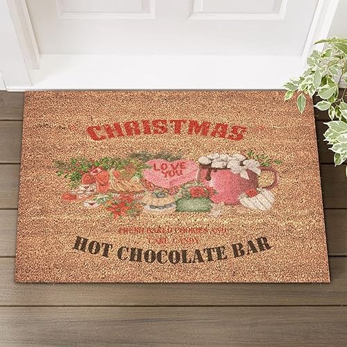 Tapete pequeño para puerta de entrada frontal para interiores y exteriores, con respaldo de vinilo, para Navidad, invierno, barra de cacao caliente,