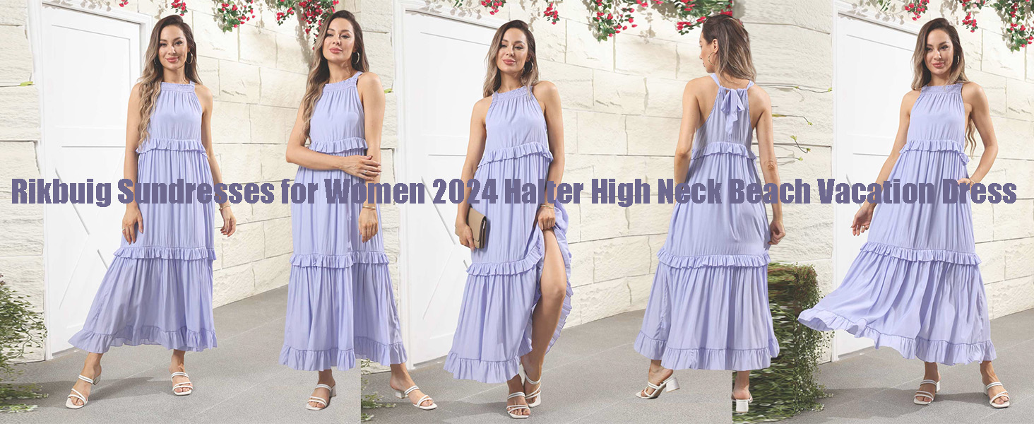 Tuduoms Women's Halter Neck Boho Maxi Dress - Sleeveless, A-Line, Flowy Summer Beach Dress, Purple, XX-Large