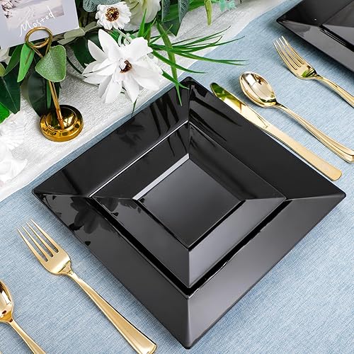 Miniatura 6 de Liacere 100 platos de plástico negro - Platos desechables cuadrados negros premium - Incluye 50 platos de cena de 9.5 pulgadas - 50 platos de postre