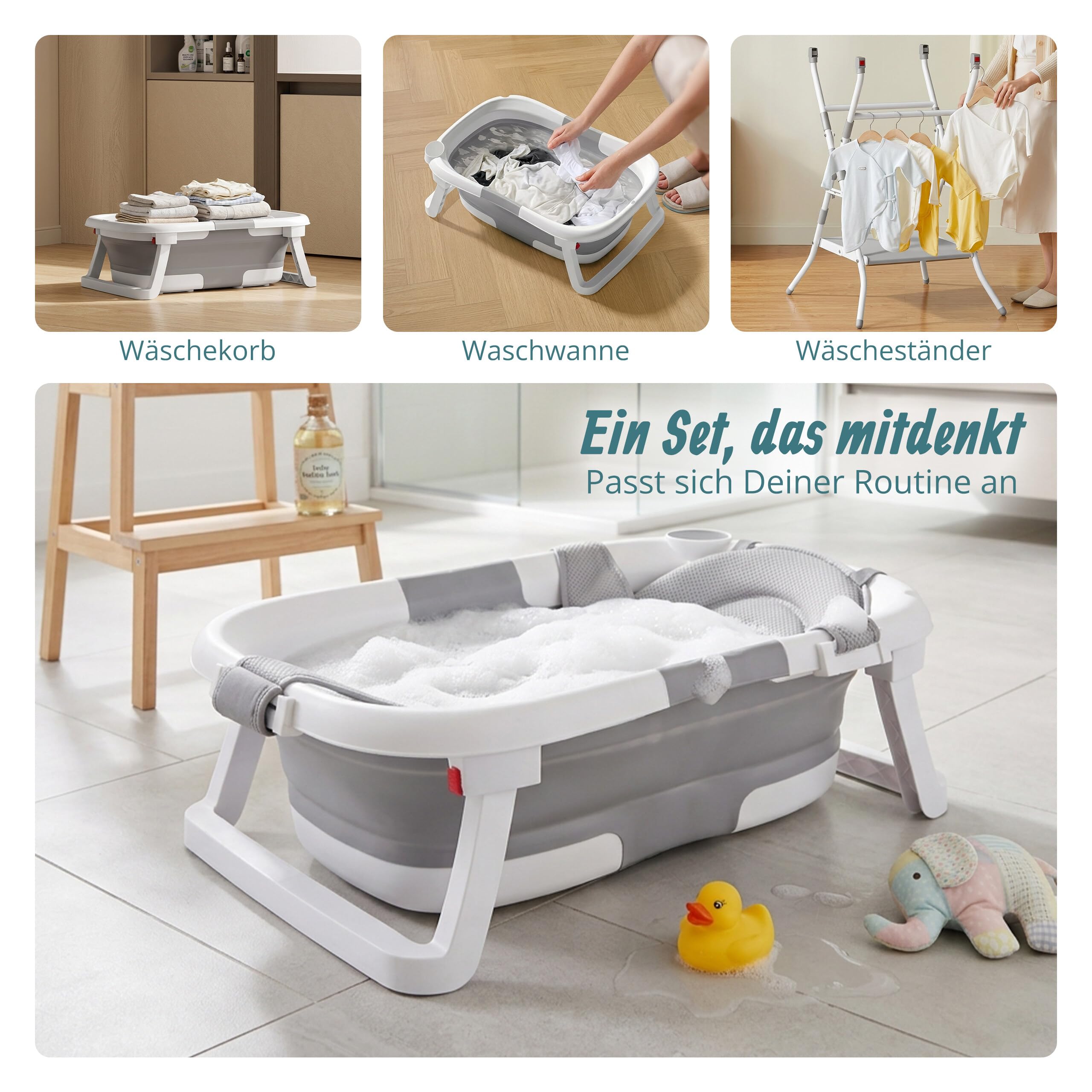Relaxdays Babybadewanne faltbar, mit Gestell & Kissen, Babywanne, weiß/grau | bis 40 kg, HBT: 20,5x65x45,5 cm, Badewanne