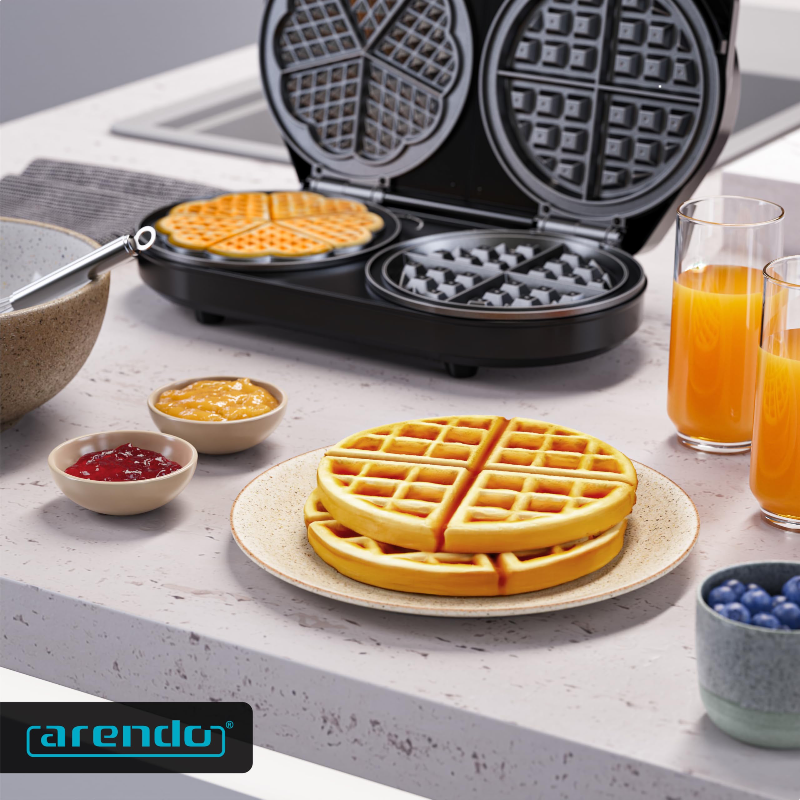 Arendo - Waffeleisen doppelt - Belgische Waffel/Herzform - zwei verschiedene Designs - 2 Zonen - Temperaturregler - Antihaftbeschichtung – 1400 W - Edelstahl - silber/schwarz - BPA frei