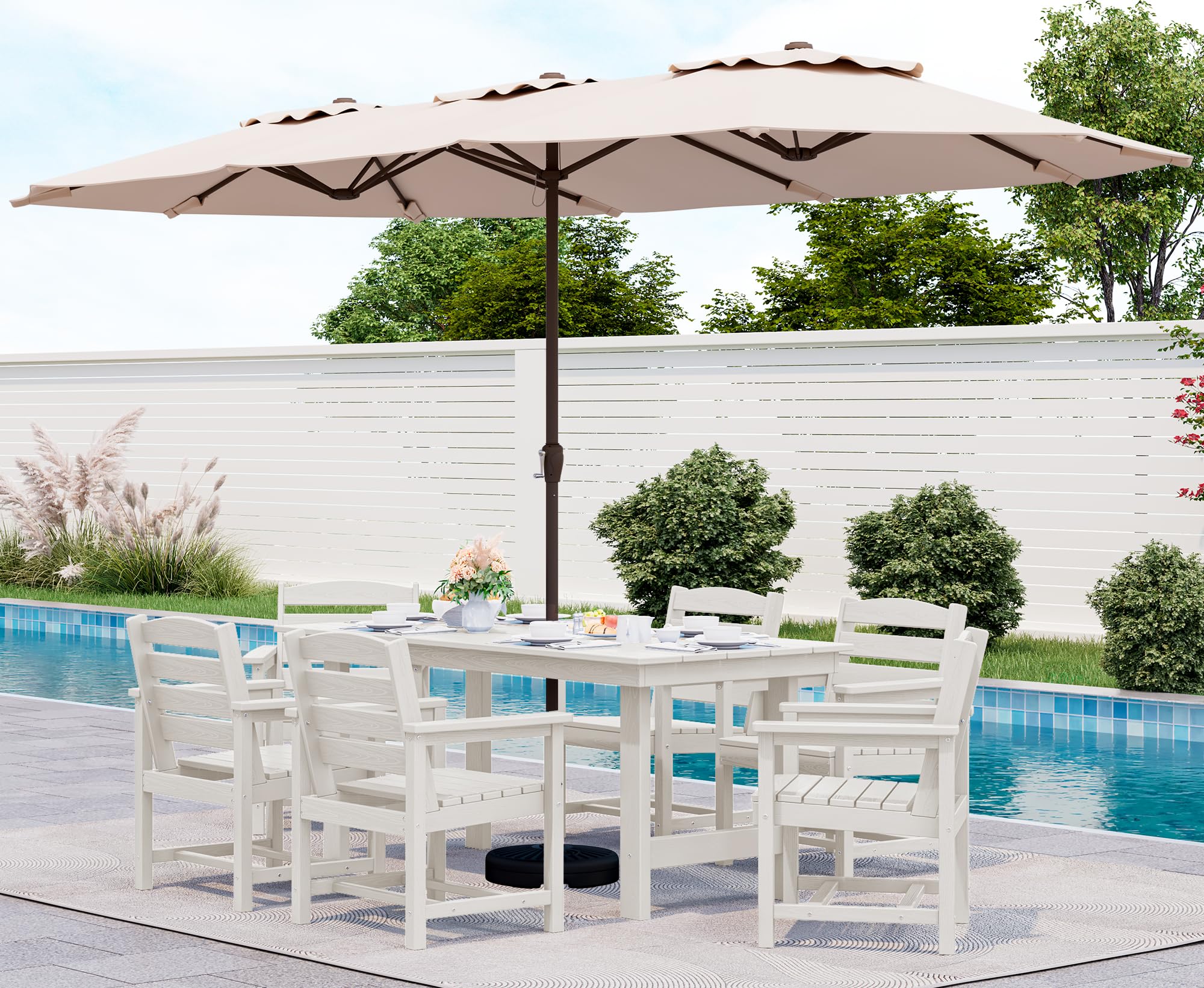 SERWALL 8-Piece Patio Dining Sets with 15FT Double Side Patio Umbrella, Outdoor HDPE Dining Furniture Set with Umbrella Hole Cut-Out Table and 6 Chairs, White（Umbreall Base not Included）
