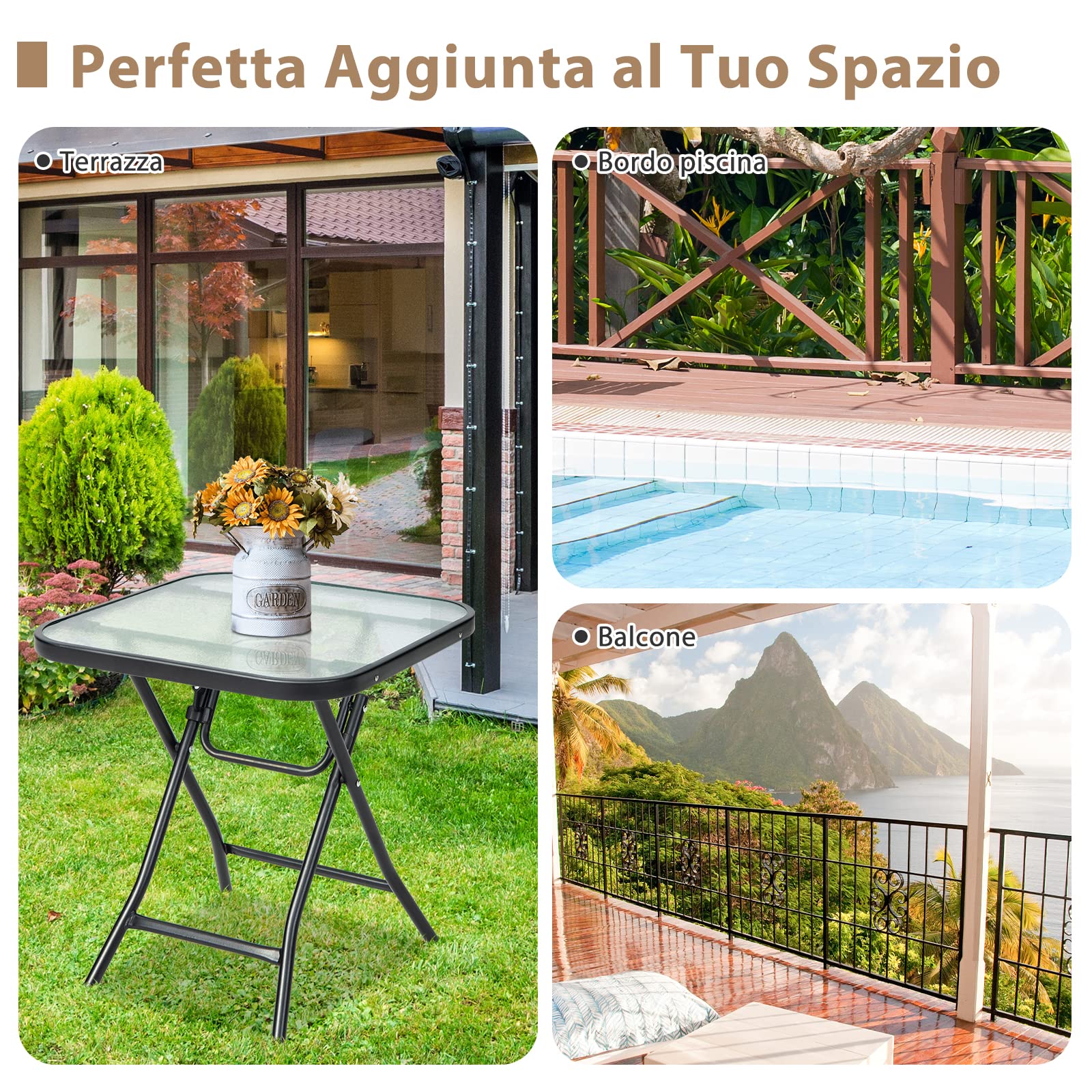 COSTWAY Tavolino Esterno Pieghevole, Tavolo da Giardino con Piano in Vetro, Struttura Metallica, Tavolino Portatile per Cortile Balcone Terrazza, 46 x 47 cm (Quadrato)