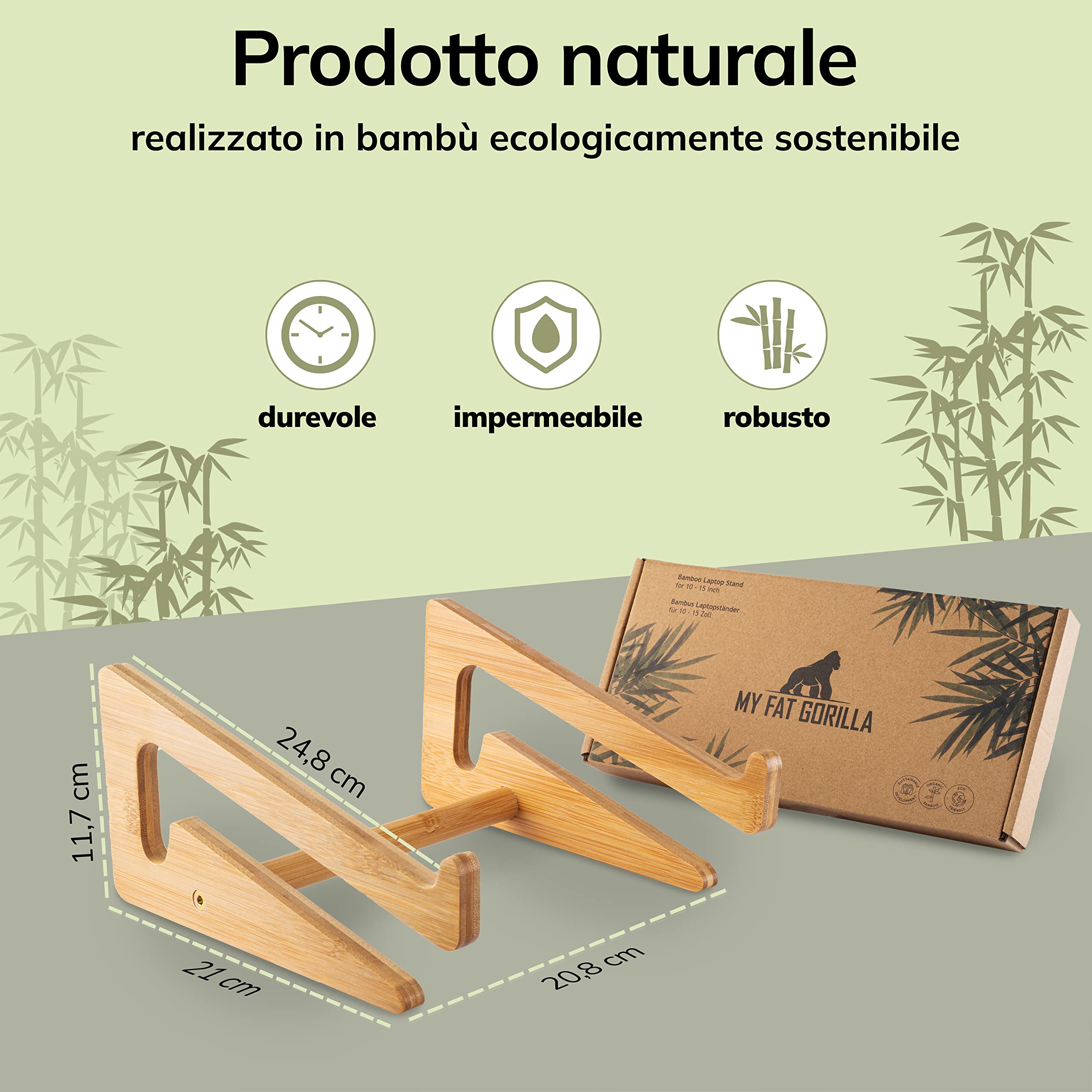 MY FAT GORILLA Supporto PC Portatile Legno Bambù – Rialzo PC Portatile per MacBook & Notebook – Supporto Laptop Scrivania – Alzata PC da Scrivania Bambù per 10-15 pollici