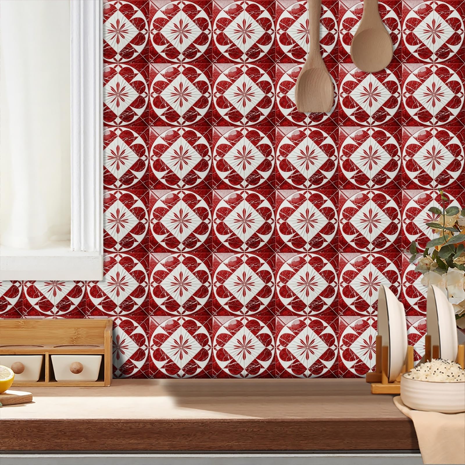 Stick on Tiles Mandala Red Marble Tile Stickers for Bathroom Kitchen Backsplash Waterproof Tile Covers for Fireplace Surround Cabinet Furniture Stick on Kitchen Tiles 10x10 cm/10 pcs
