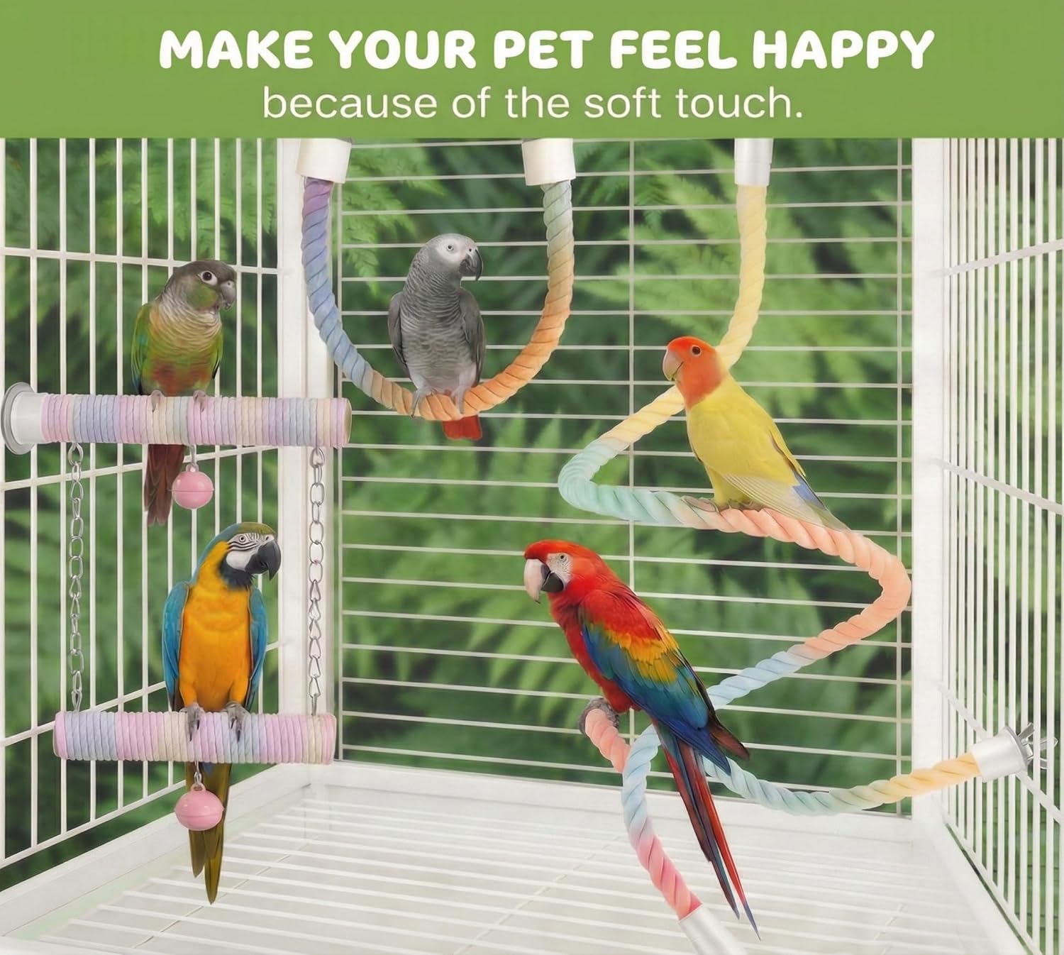 3Pcs Chrysoippotis Bird Rope Perch, Bendable Rope Perches for Bird Cages, Climbing Toys Accessories for Parakeets, Cockatiels, Lovebirds & Budgie