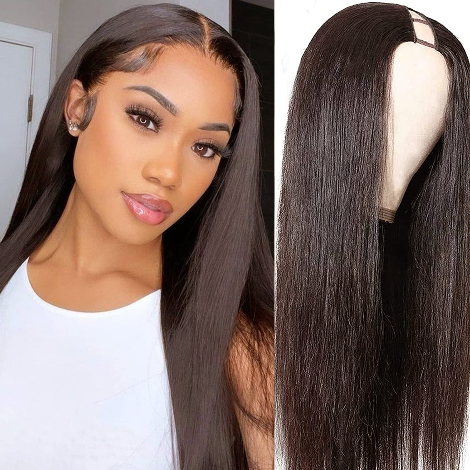 AisaideStraight V Part Wig Synthetic Long Straight V Part Wigs Brown V Part Half Wigs for Black Women U Part Wig Upgrade Full Head Clip in Hair Extensions Glueless V Shaped Wig 22inch 4#
