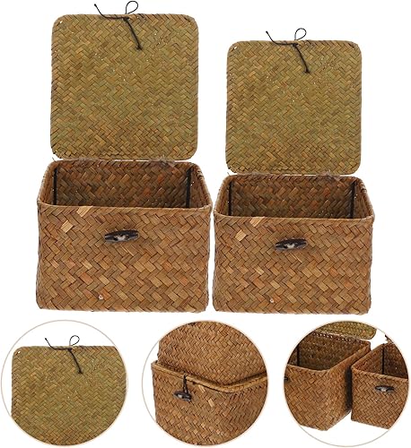 Miniatura 6 de Yardwe Cesta de papel higiénico, cestas de almacenamiento de pastos marinos con tapa, 2 cubos de mimbre tejidos a mano, cajas organizadoras