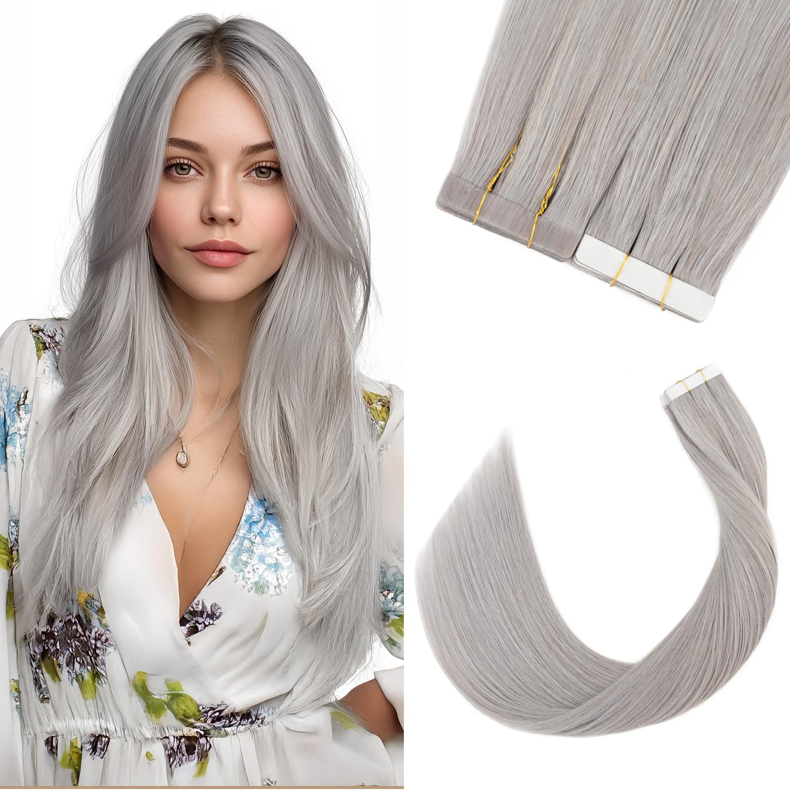 Silk-co Tape in Hair Extensions Remy Hair Extension Hair Pieces Silky Straight Human Hair Extensions Silky Soft Seamles 20 Pcs 20g/Set 14inch (20PCS)#Grey