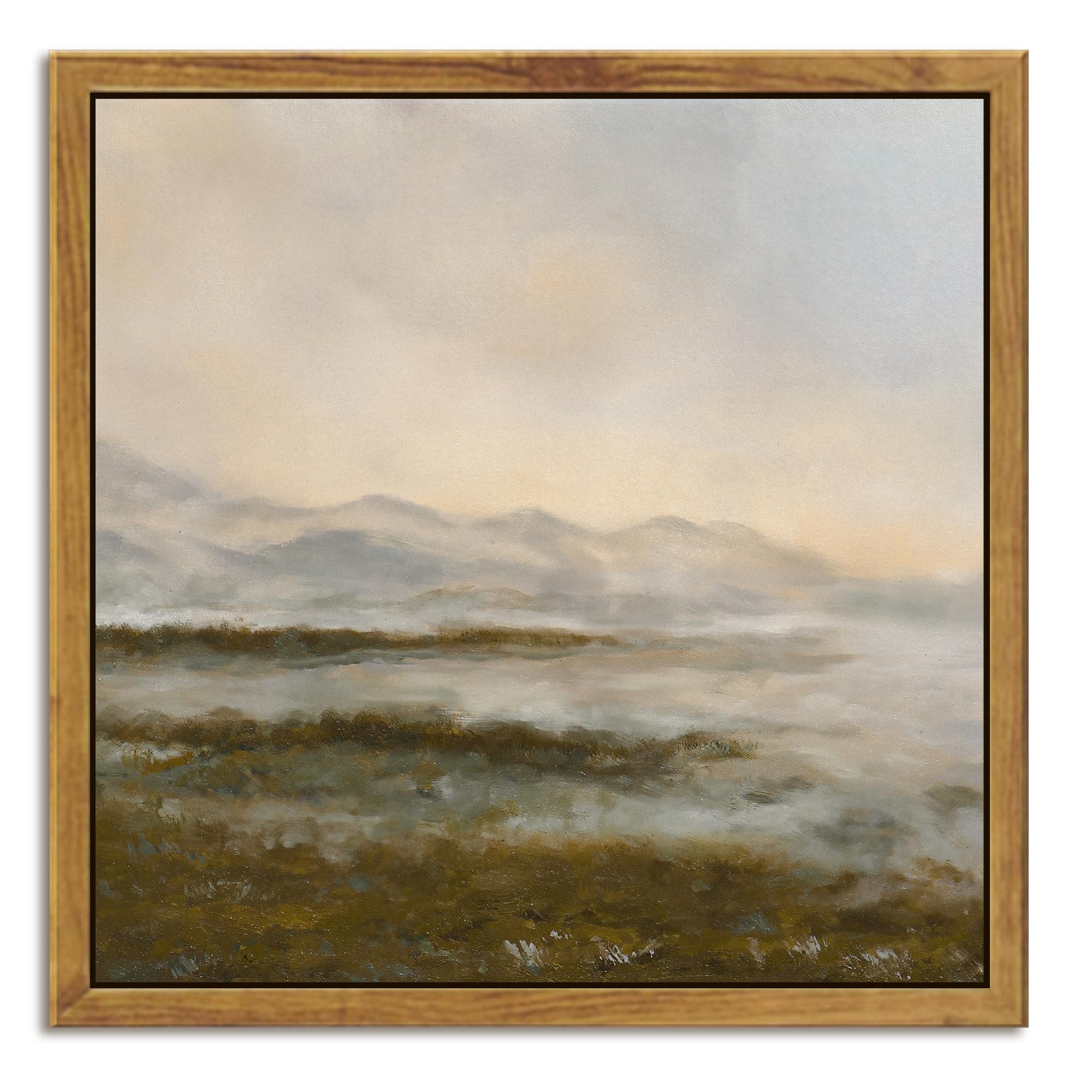 KUVIOKE 16x16in Landscape Framed Canvas Wall Art Vintage Dusk in The Forest Classic Paints Farmhouse Bathroom Office Decor - Natural Framed