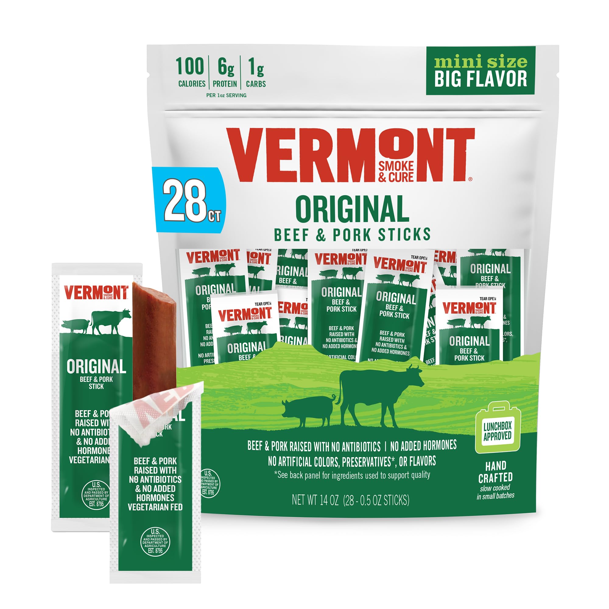Vermont Smoke & Cure - Original Beef & Pork Meat Sticks - Protein Snacks - On the Go Healthier Snack for Adults & Kids - 0.5 oz, 28 Count