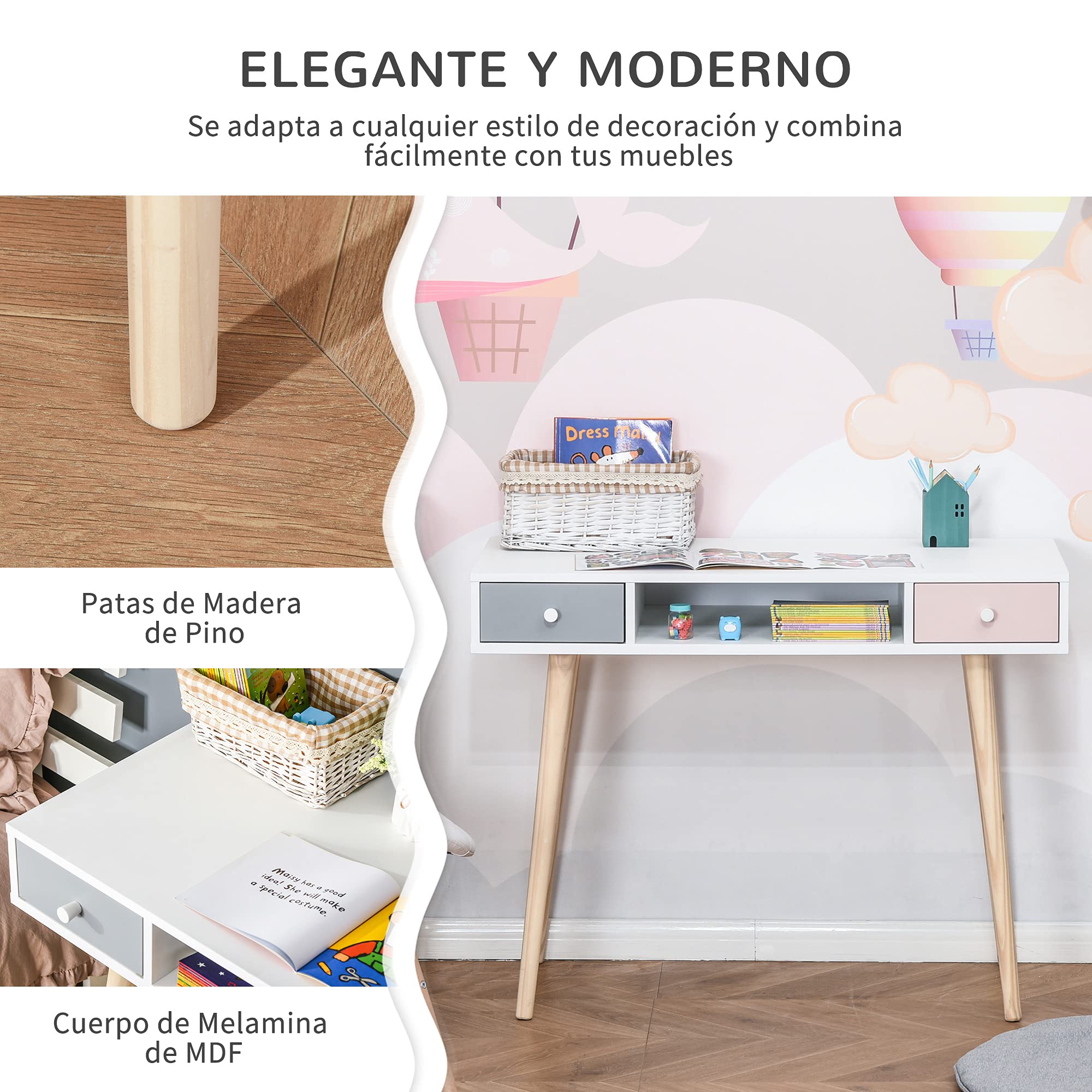 HOMCOM Mesa de Escritorio Infantil con 1 Compartimento Abierto y 2 Cajones Estilo Nórdico 100x48x76,5 cm Multicolor