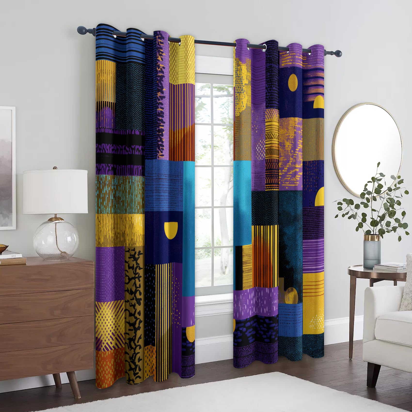 95% Blackout Purple Curtains for Living Room Bedroom 72 Inch Drop, Abstract Modern Geometric Printed Thermal Eyelet Windows Drapes for Home Decor, 66 x 72, 2 Panels - T284