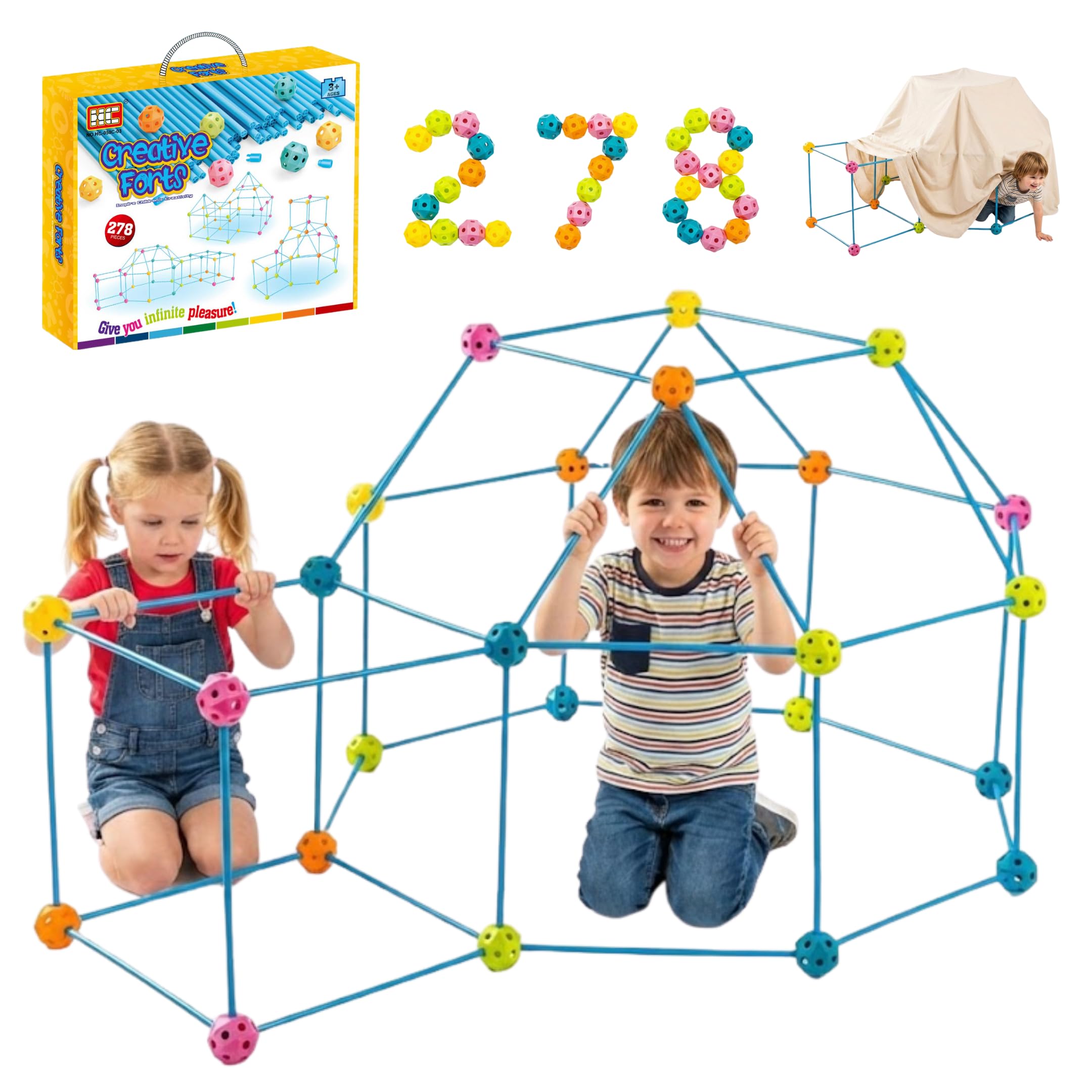 Malau – Cabaña para Construir para Niños – Kit Construcción Infantil Fort Building Toy DIY – Casa, Castillo, Tipi, Túnel e Iglú – Juego de Construcción Creativo Interior Exterior +3 Años (278 Piezas)