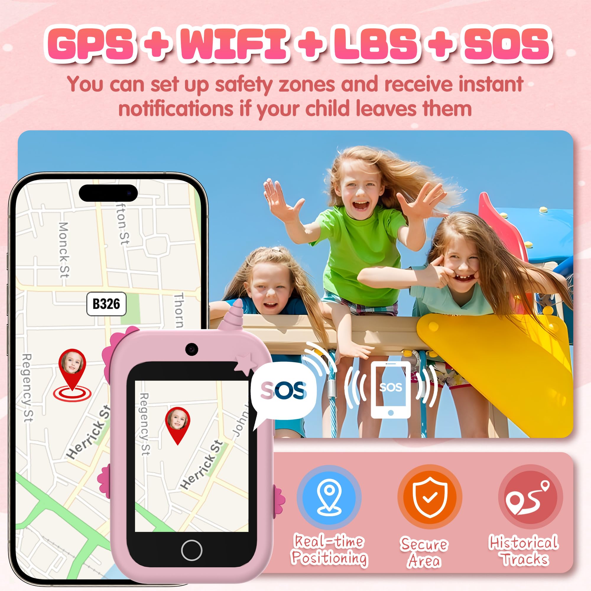 Telefono per Bambini, 4G Telefono Giocattolo per Bambini con GPS Videochiamate Chat Vocale SOS Due Fotocamera Contapassi Modalità scuola Sveglia, Cellulare per Bambini Smartphone Regalo di Compleanno