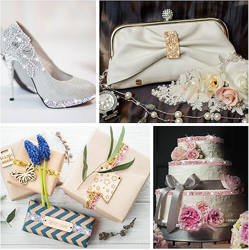 Vista 40 de Xinnun 5 rollos de cinta de diamantes de imitación brillantes, tiras autoadhesivas de diamantes de imitación, cinta de resina para arte, Plateado