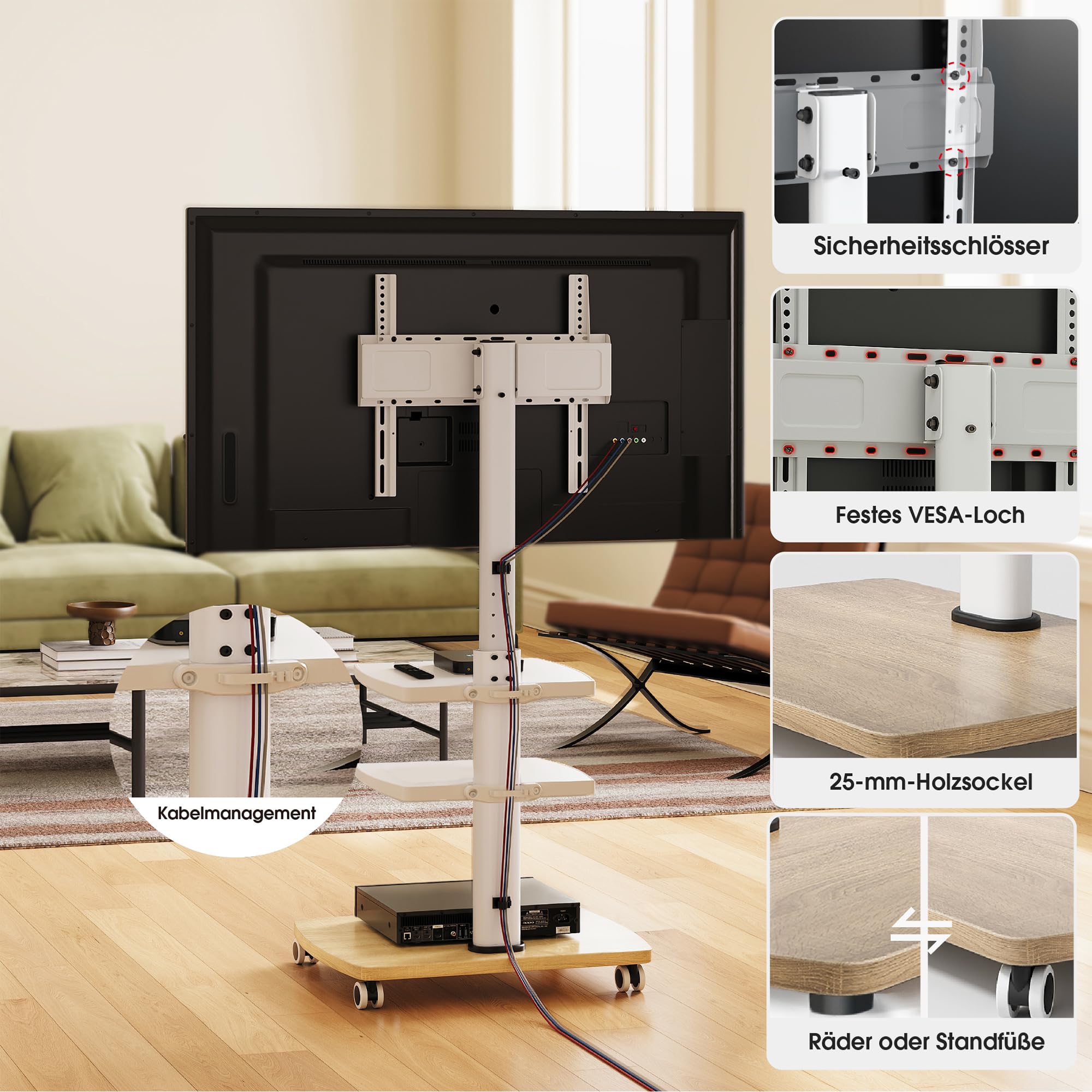 AOKCOS TV Ständer Rollbar mit Holzablage 2 Regal, Fernsehständer auf Rollen für 32-65 Zoll TV, TV Bodenständer Höhenverstellbar Drehbar, bis 40 kg Max. VESA 400x400mm (Weiß+Natur)