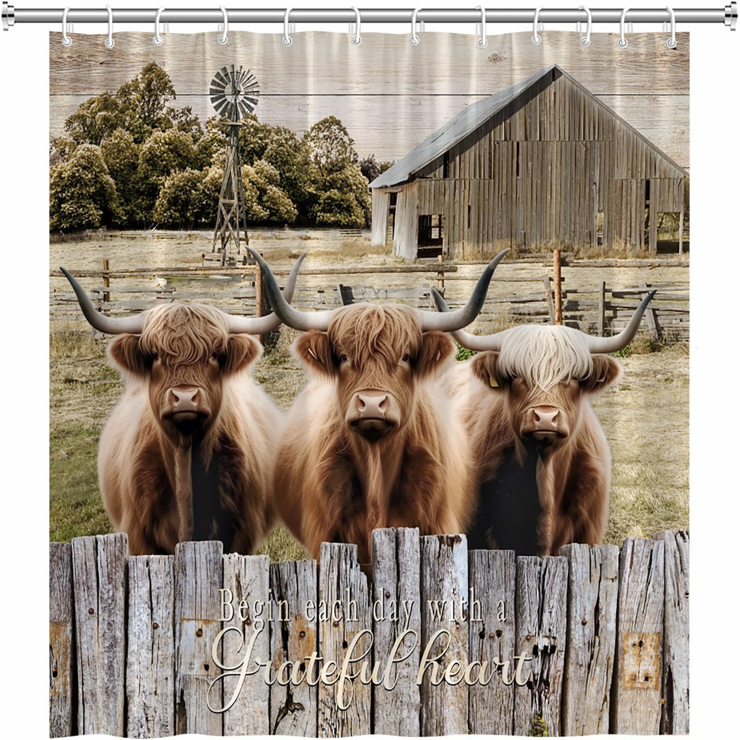 Farmhouse Highland Cows Shower Curtain Longhorn Bull Farm Animal Rustic Brown Cattle Western Country Wildlife Vintage Wood Funny Bathroom Decor Curtains Set Fabric with Hooks 70Wx90H Inch