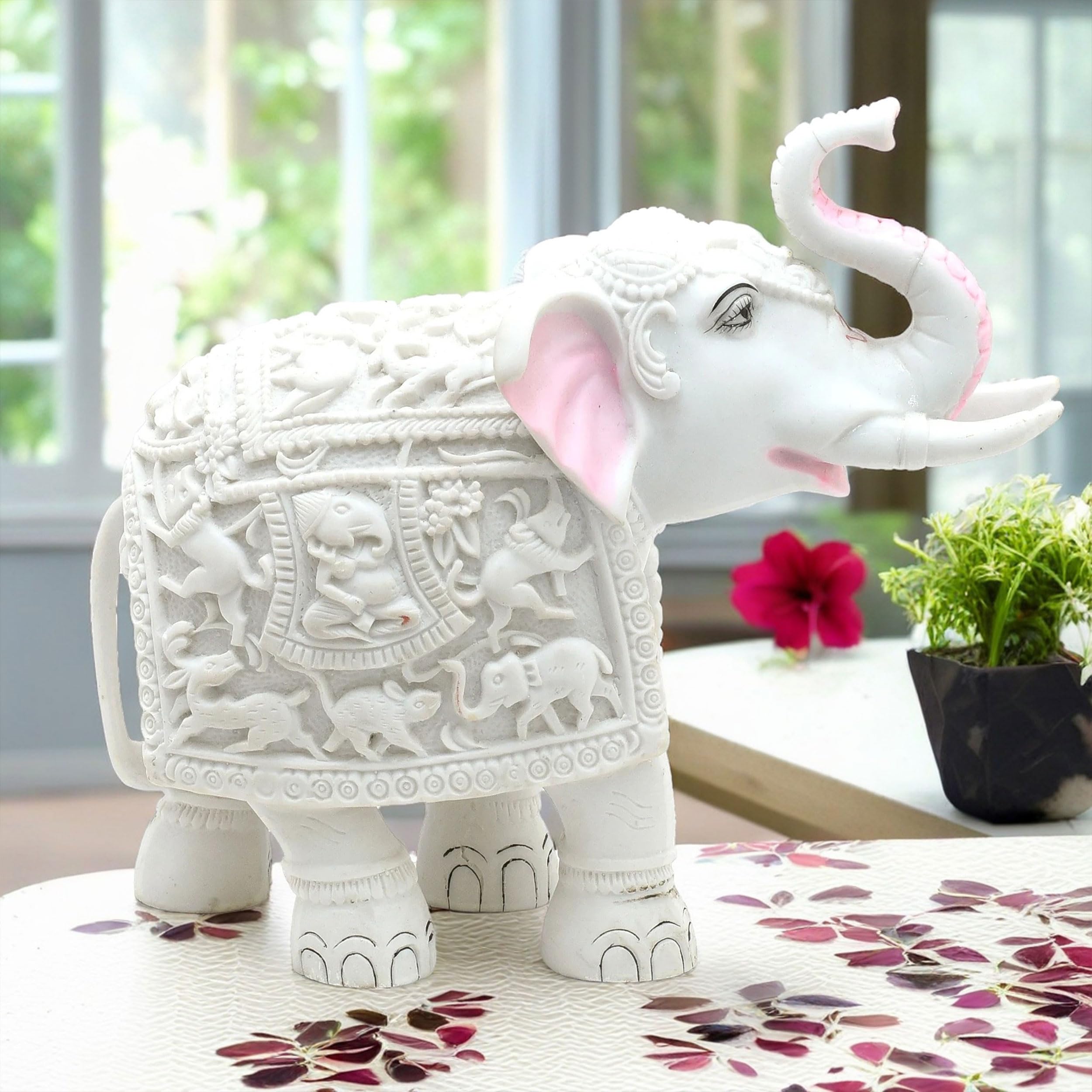 White Elephant Showpiece Big Size Marble Resin Aesthetic Statue Decorative Item for Home, 8 inch Elephant Decor for Home Vastu, Shelf, Study Room, Work Table (8 inch)