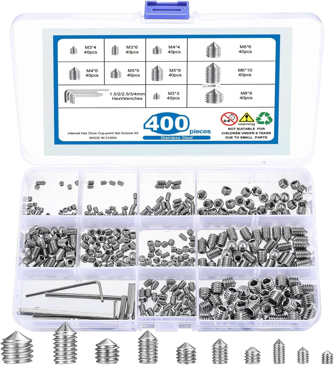 400 Pcs Grub Screw Set M3/M4/M5/M6/M8 Stainless Steel Taper Hex Socket Screws with Hex Key for Door Handles