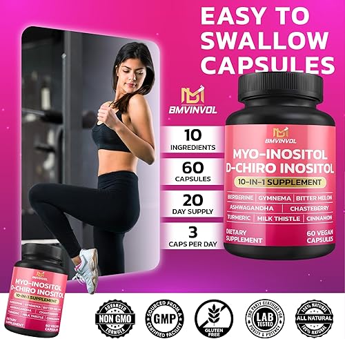 Miniatura 6 de BMVINVOL Suplemento de inositol - Myo-inositol y D-Chiro Inositol Ideal 401 Proporción - Más Berberina, Canela, Ashwagandha + 5 Más - Equilibrio