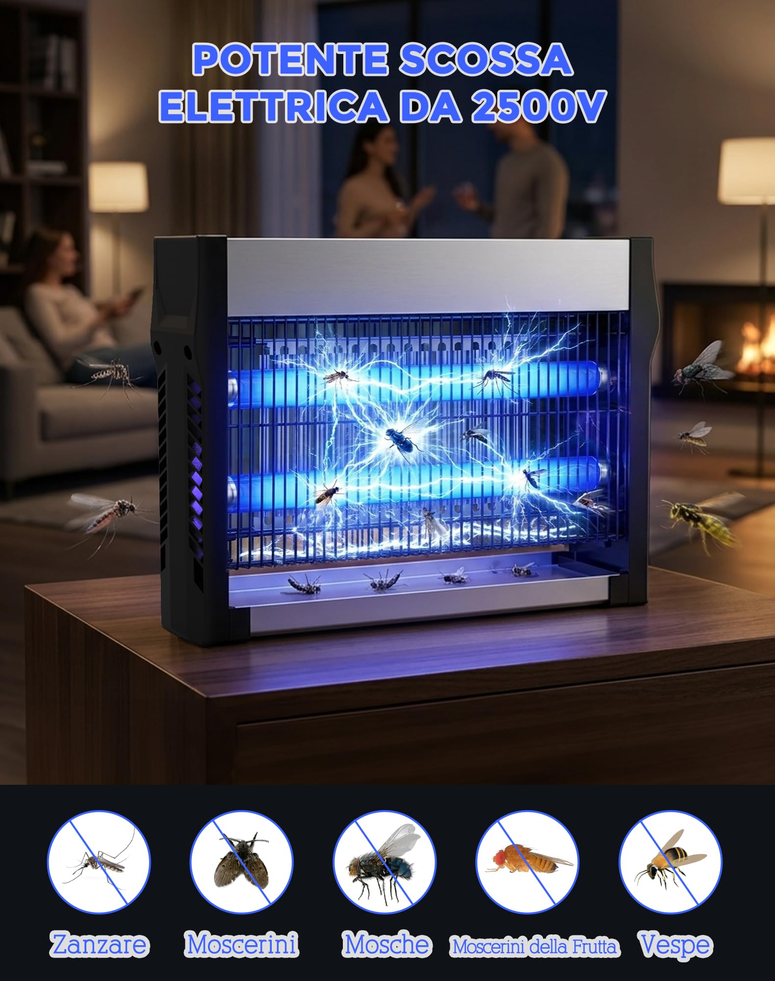 Lampada Antizanzare Elettrica 20W, Zanzariera Elettrica 2500V per Interno, Superficie Coperta 80 m², Ammazza Mosche Elettrico, Acchiappa Insetti per Casa, Cucina e Giardino