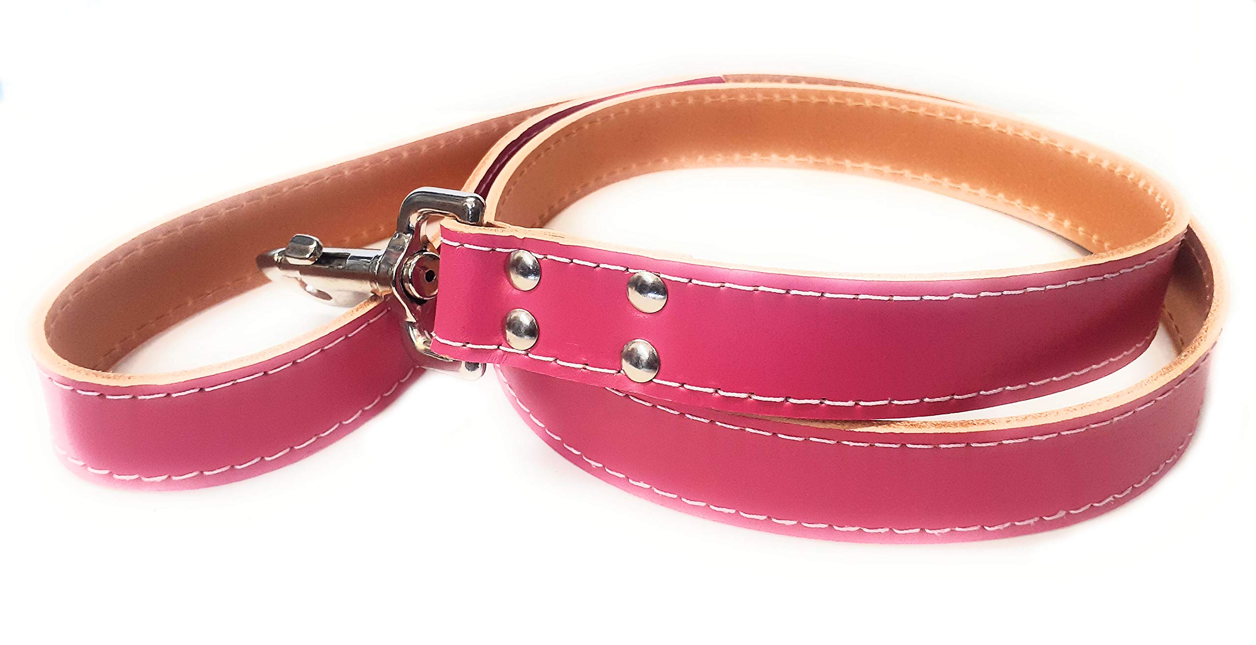 M&D Handmade 40 inch Total Length Strong Leather Lead for Medium/Large Dogs 1 inch wide (25mm) (Deep Pink)