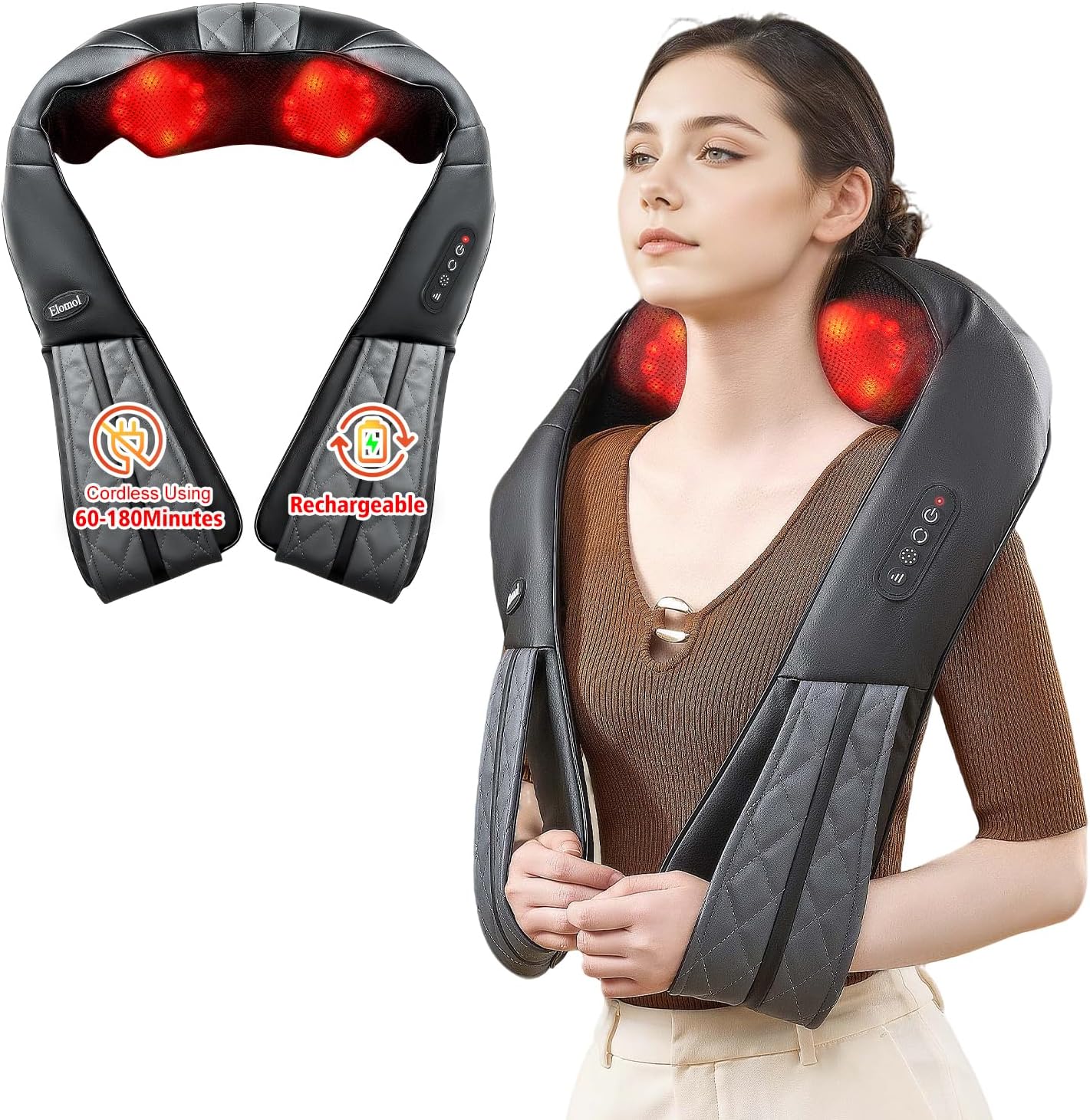 Rechargeable Neck and Back Massager with Heat, Cordless Shiatsu Shoulder Shawl Kneading Massager for Pain Relief Deep Tissue, Long-Lasting Portable Design, Gift for Mom Dad Men Women Her Him
