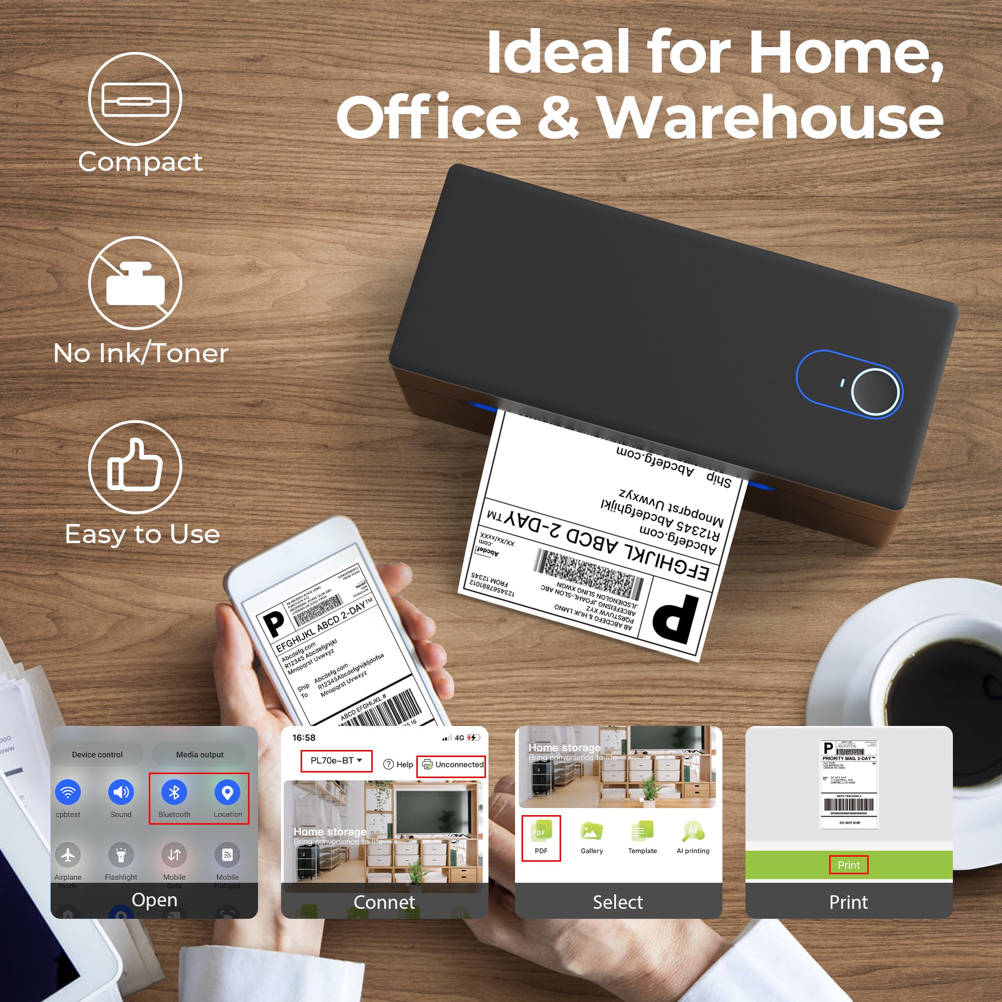 Nelko Bluetooth DHL Etikettendrucker, Labeldrucker 4x6 Versandetiketten Drucker Bluetooth Thermal Printer für Shopify Zalando Amazon UPS, unterstützt Android/iOS und Windows/Mac/Chrome, Black