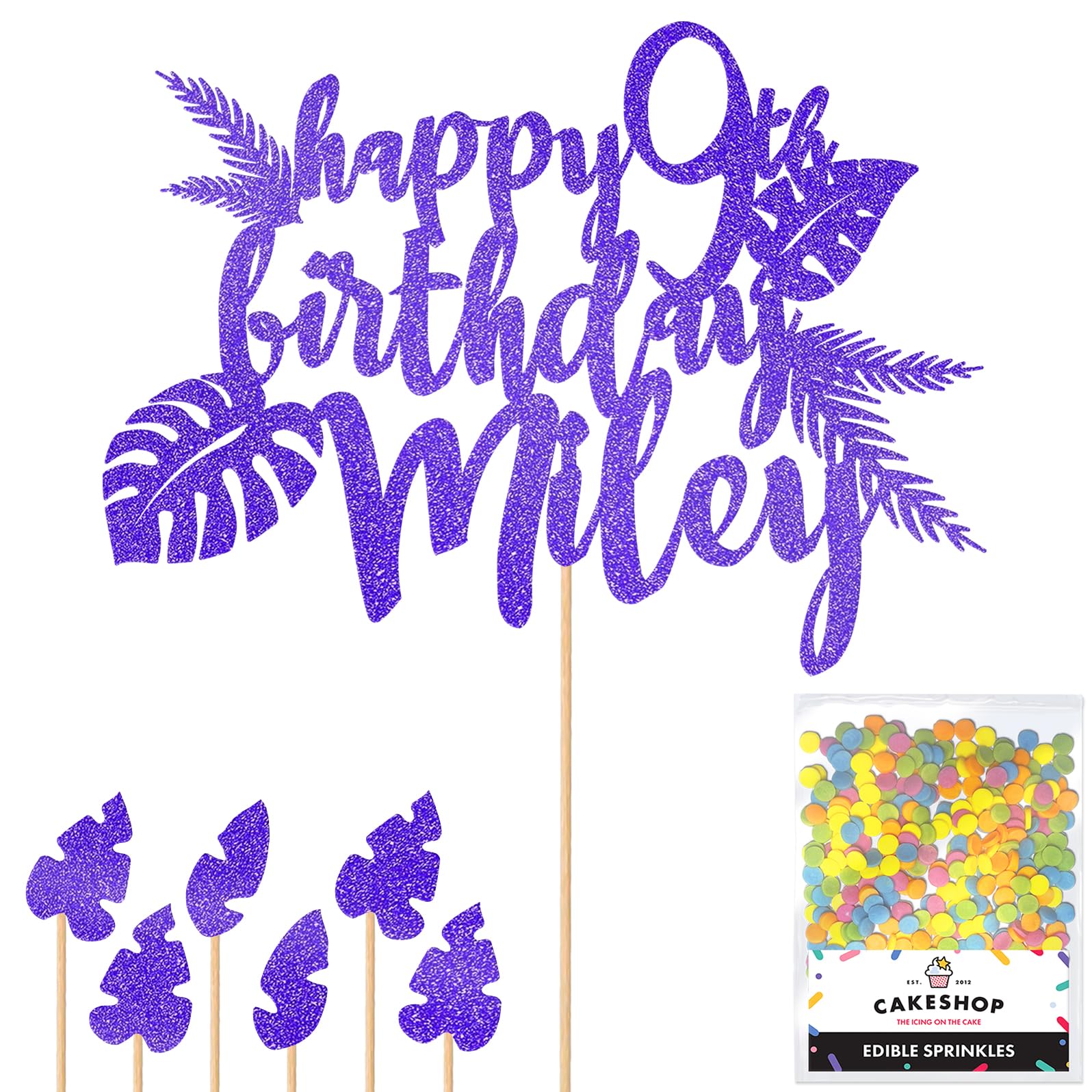 Personalised Birthday Jungle Themed Glitter Cake Topper- Blue Any Custom Age & Name Glitter Cake Decoration and Sprinkles - Happy Birthday Decorations - Personalised Toppers for Cakes by Cakeshop — image 1