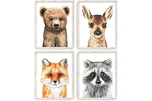 Charming Watercolor Woodland Nursery Prints: Vibrant Artistic Fox, Bear, Raccoon, and Deer