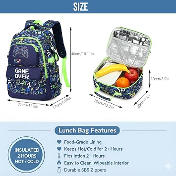 Makukke Kids Backpack for School Boys, 15.6 Gamer Backpack with Lunch Box & Pencil Case, Bookbag For Elementary, Middle School