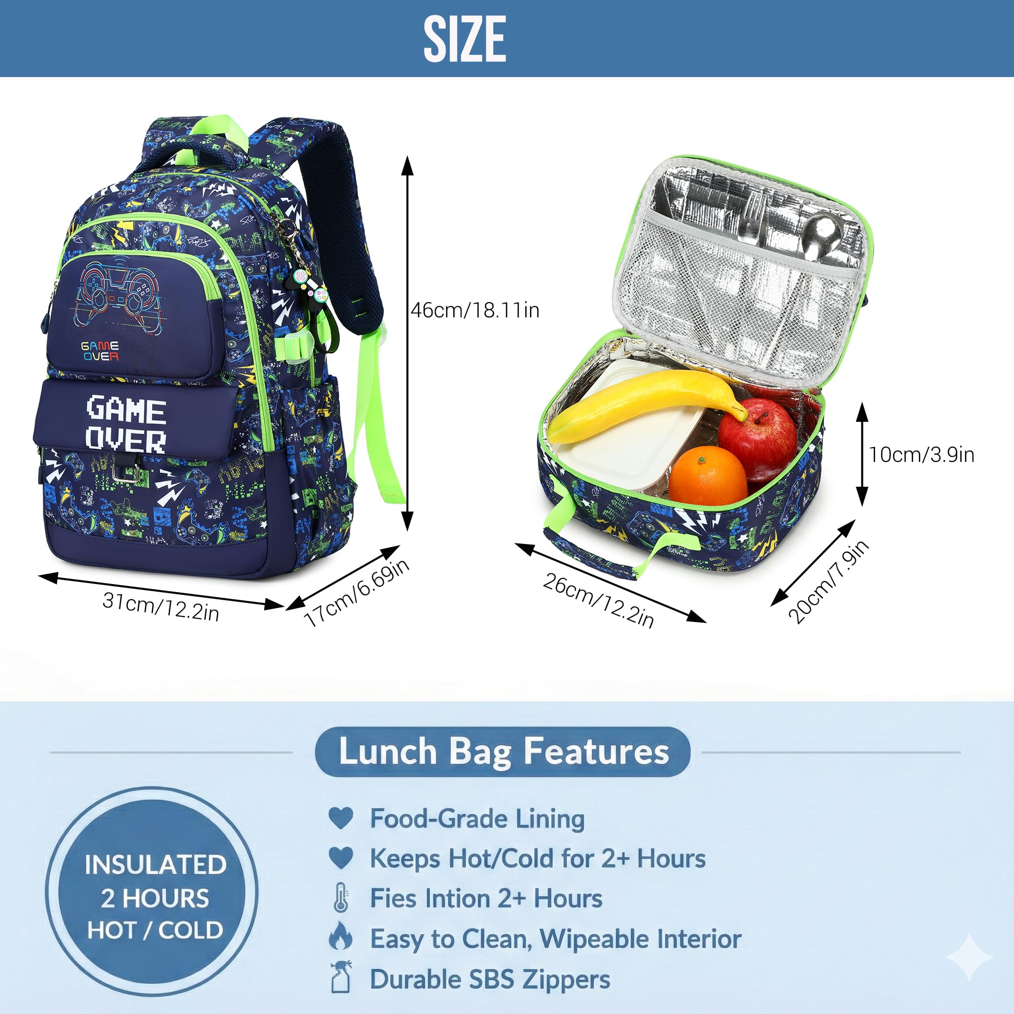 Makukke Schulrucksack Set für Teenager Jungen, Gamer Schultaschen mit Brotdose und Federmäppchen, Geschenke Coole Schulranzen für Grund und Mittelschüle