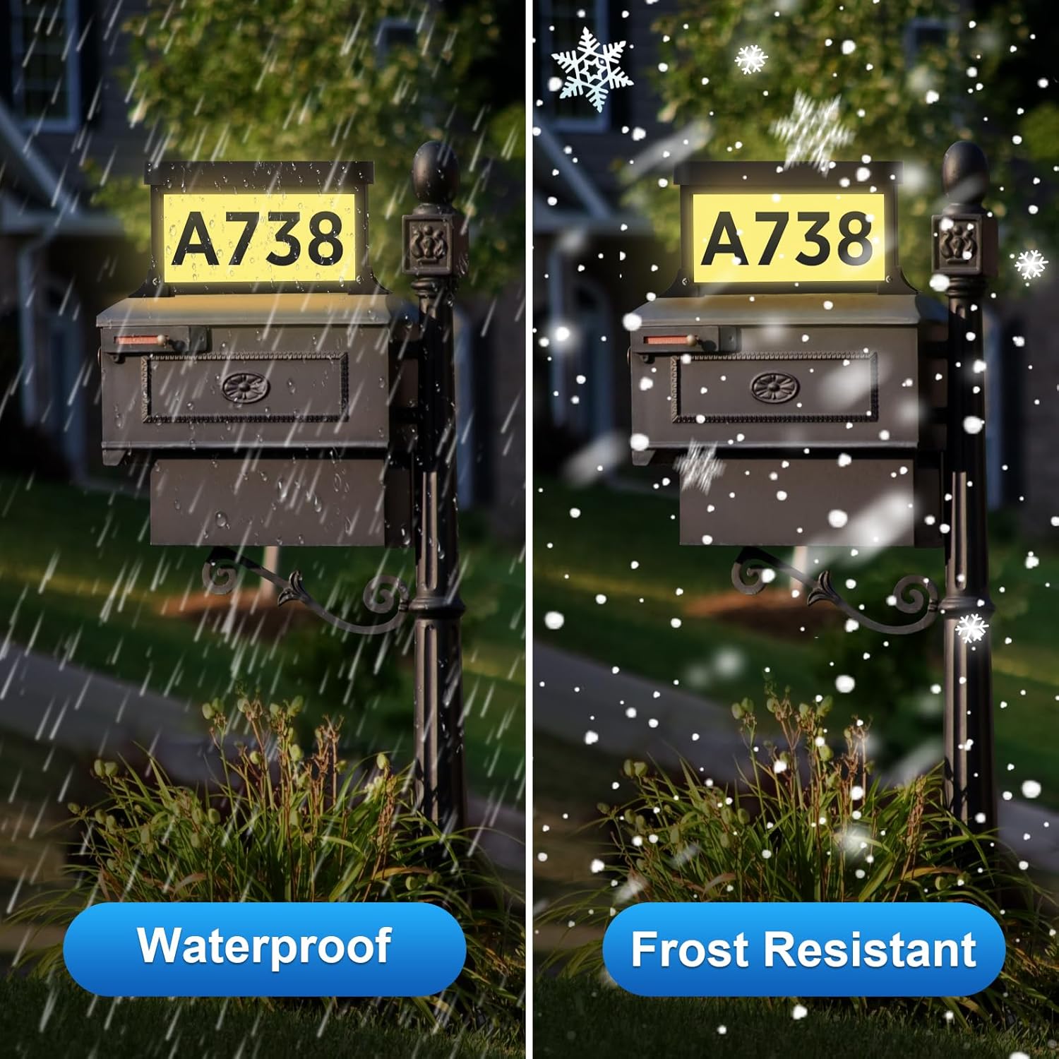 Solar Address Sign Light Double-Sided with Stakes & Mailbox Mount, 2000mAh Battery, LED House Numbers for Yard or Wall, Waterproof Solar Powered Address Plaque with Dusk to Dawn Sensor, 3 Light Modes, Includes 4 Sets of Numbers