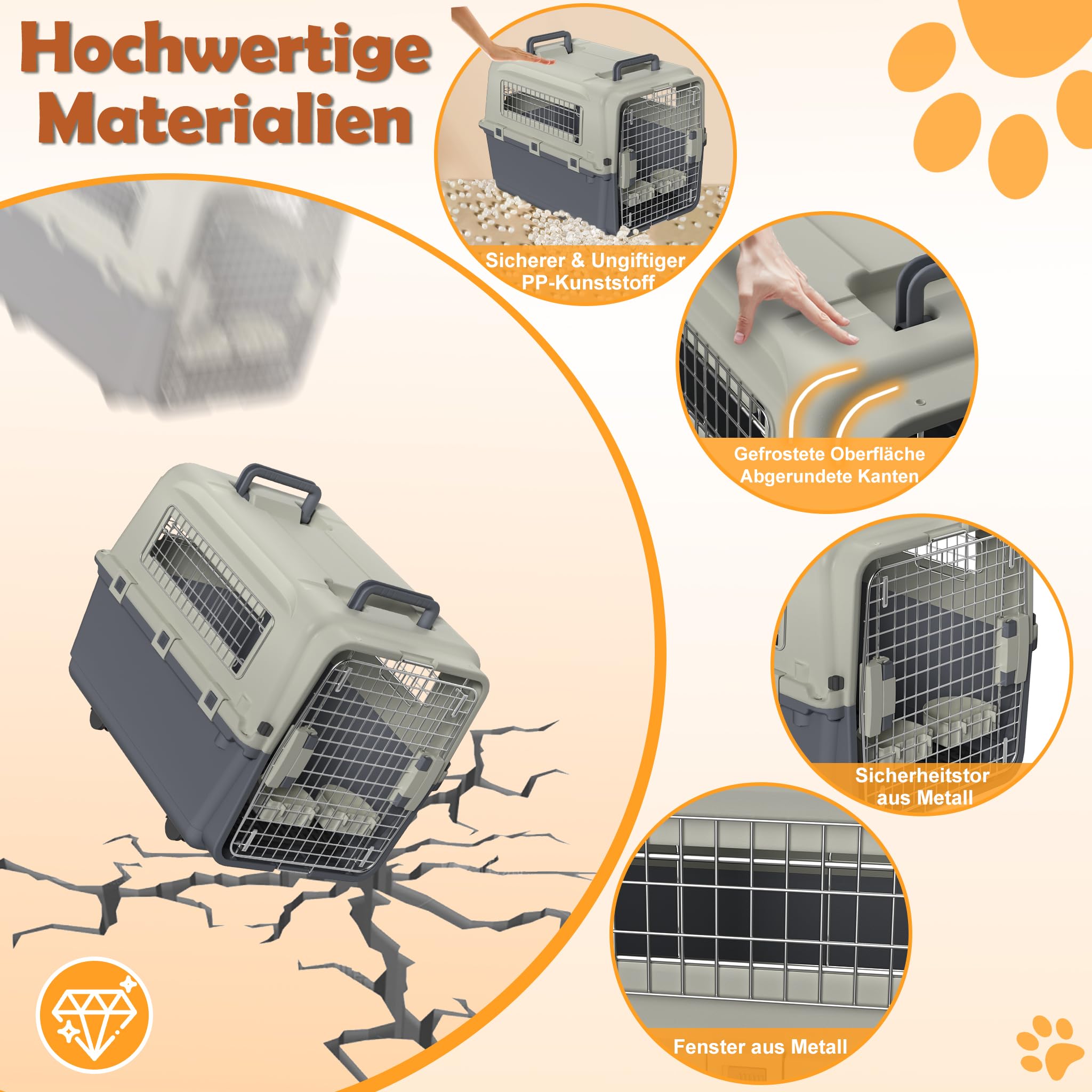 Froadp Trasportino per animali domestici, cani, gatti, in plastica PP, 80 x 57 x 70 cm, trasportino per gatti con ruote e distanziatori per urine e ciotole da appendere