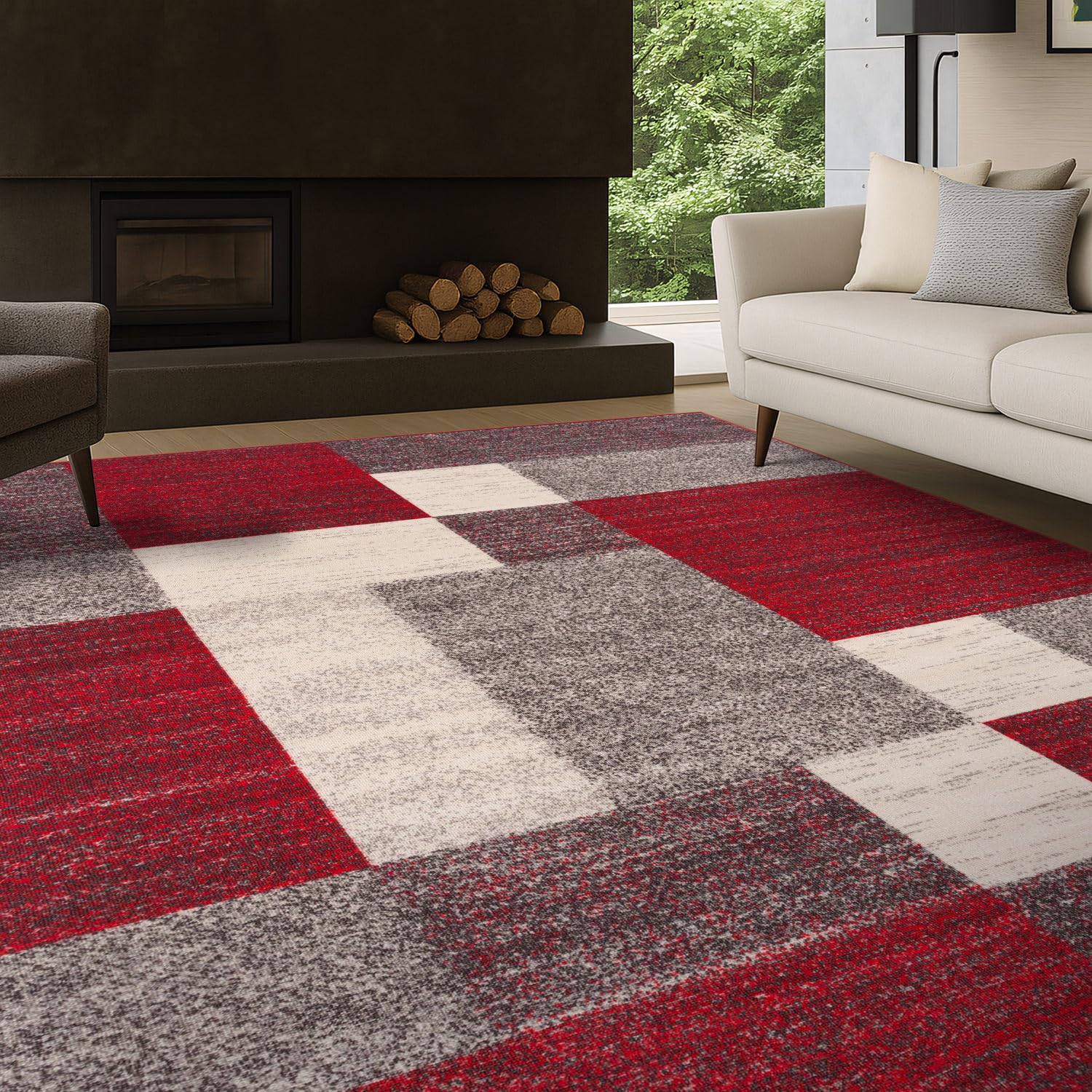 Rugshop Red Modern Geometric Boxes Non-Slip Area Rug Non-Shedding for Living Room, Bedroom and Dining Area, 5'3" x 7'3"