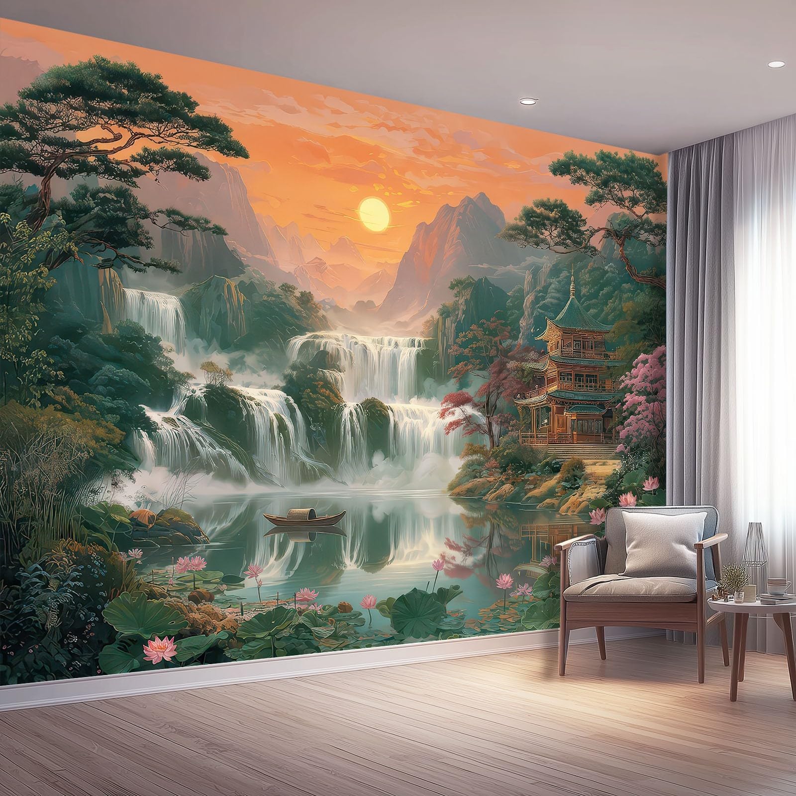 Papier peint cascade fantasy oriental pour agrandir visuellement le mur du salon