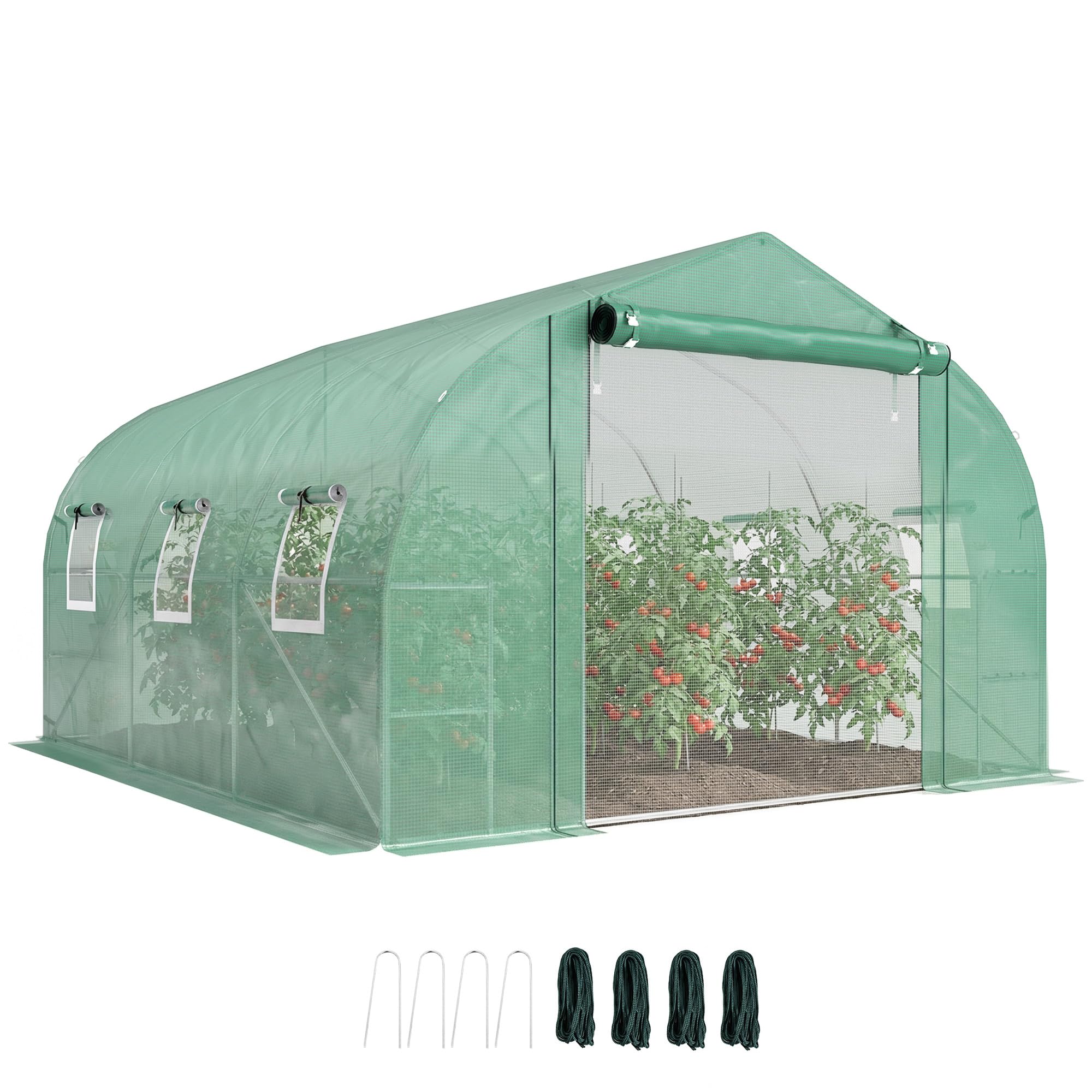 Outsunny 10'x11'x6' Walk-in Tunnel Greenhouse with Shelves, Mesh Door and Windows, Plant Hot House with PE Cover, Outdoor Green House for Patio Lawn