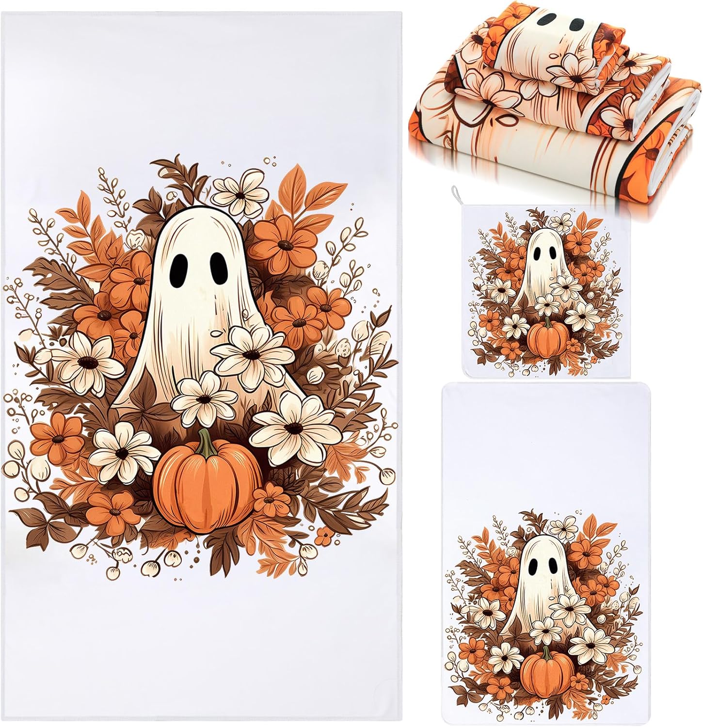 Preboun 3 Pack Halloween Ghost Pumpkin Bathroom Towels Set Cute Fall Floral Spooky Ghost Hand Bath Towels Watercolor Pumpkins Dishes Absorbent Fingertip Towel for Bathroom Kitchen Hotel Beach Gym Spa Orange Pumpkin Ghost