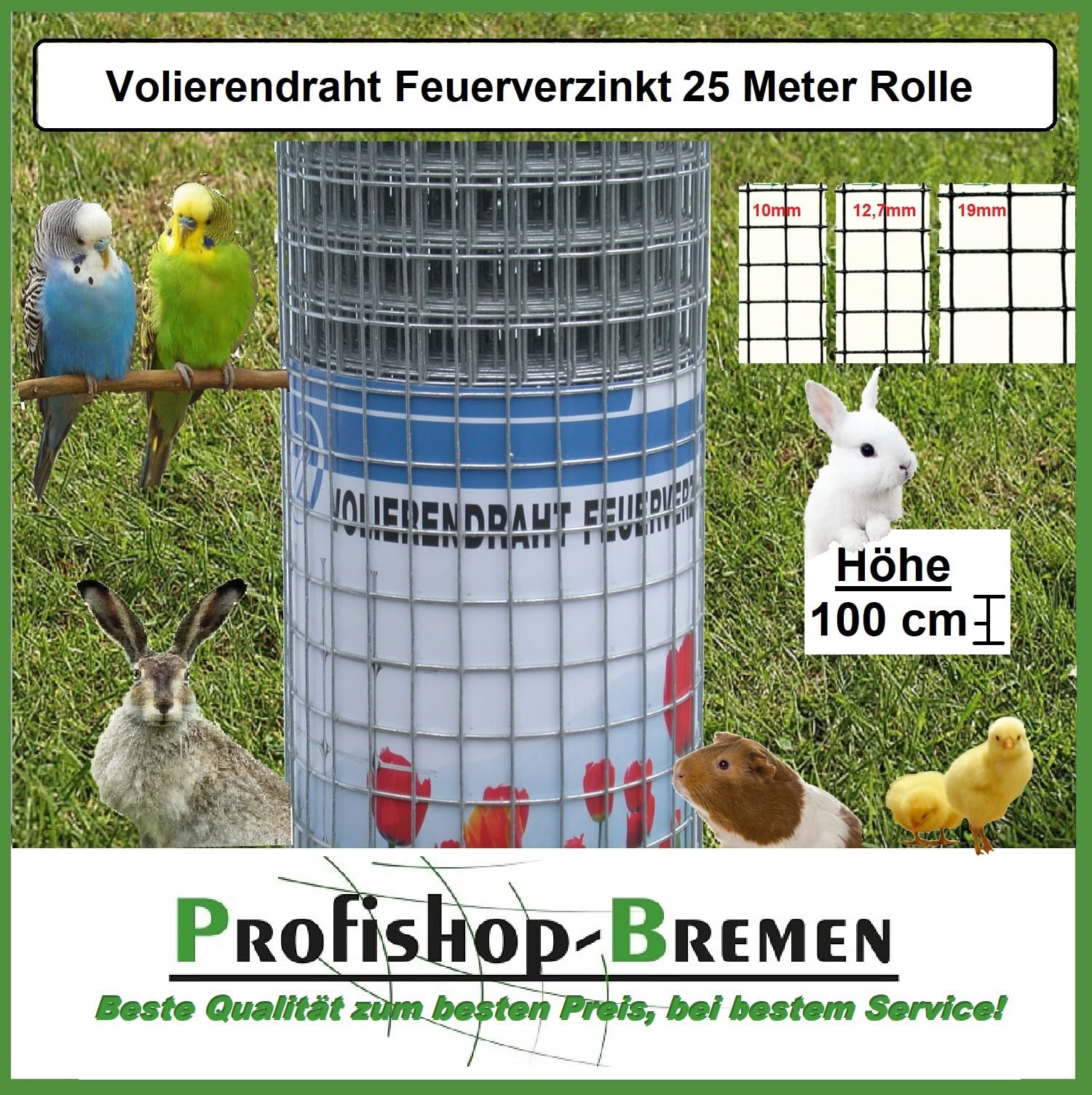 Volierendraht Maschendrahtzaun feuerverzinkt Drahtgitter Drahtgeflecht Zaun Vogeldraht Kaninchenzaun Hasendraht Höhe 100 cm/Länge 25 m/Maschenweite 19x19 mm