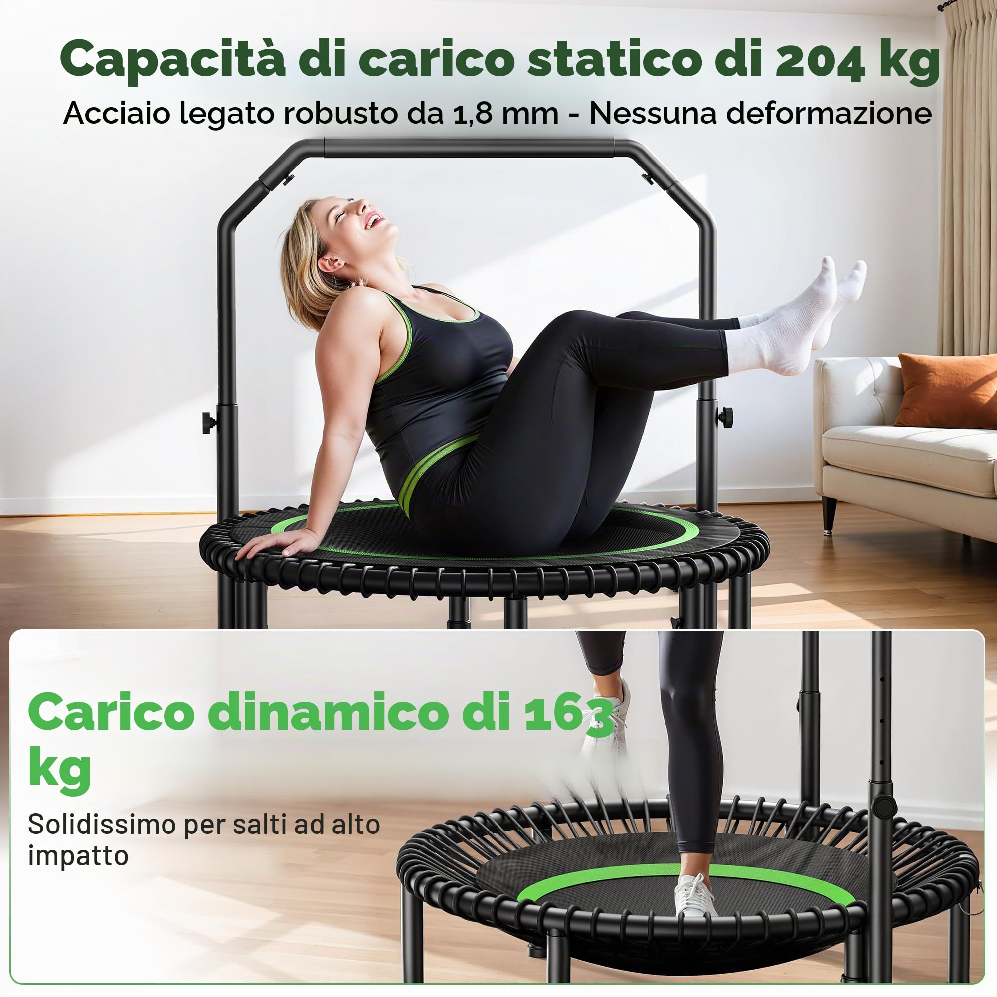 Trampolino elastico BCAN 102/122 cm per adulti, capacità di carico 204/250 kg, elastici, maniglia regolabile, stabile, silenzioso, per interni/esterni, allenamento completo del corpo, relax a casa