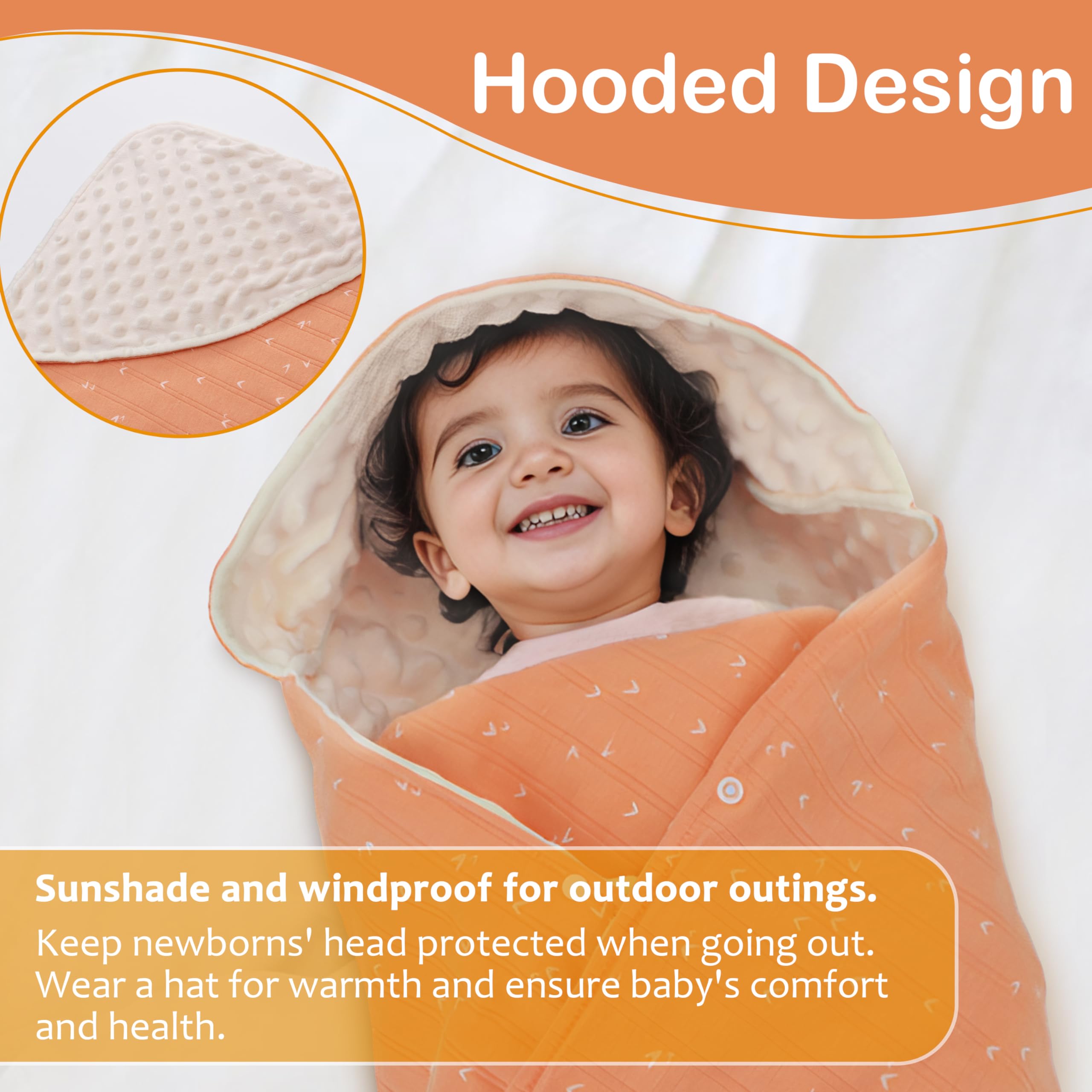Coperta Avvolgente in 100% Cotone, 90*90cm Bifacciale Multifunzionale Copertina Accogliente con Cappuccio, Morbida Trapunta per Tutte le Stagioni, Adatto a Passeggino, Seggiolino, Unisex, Arancione
